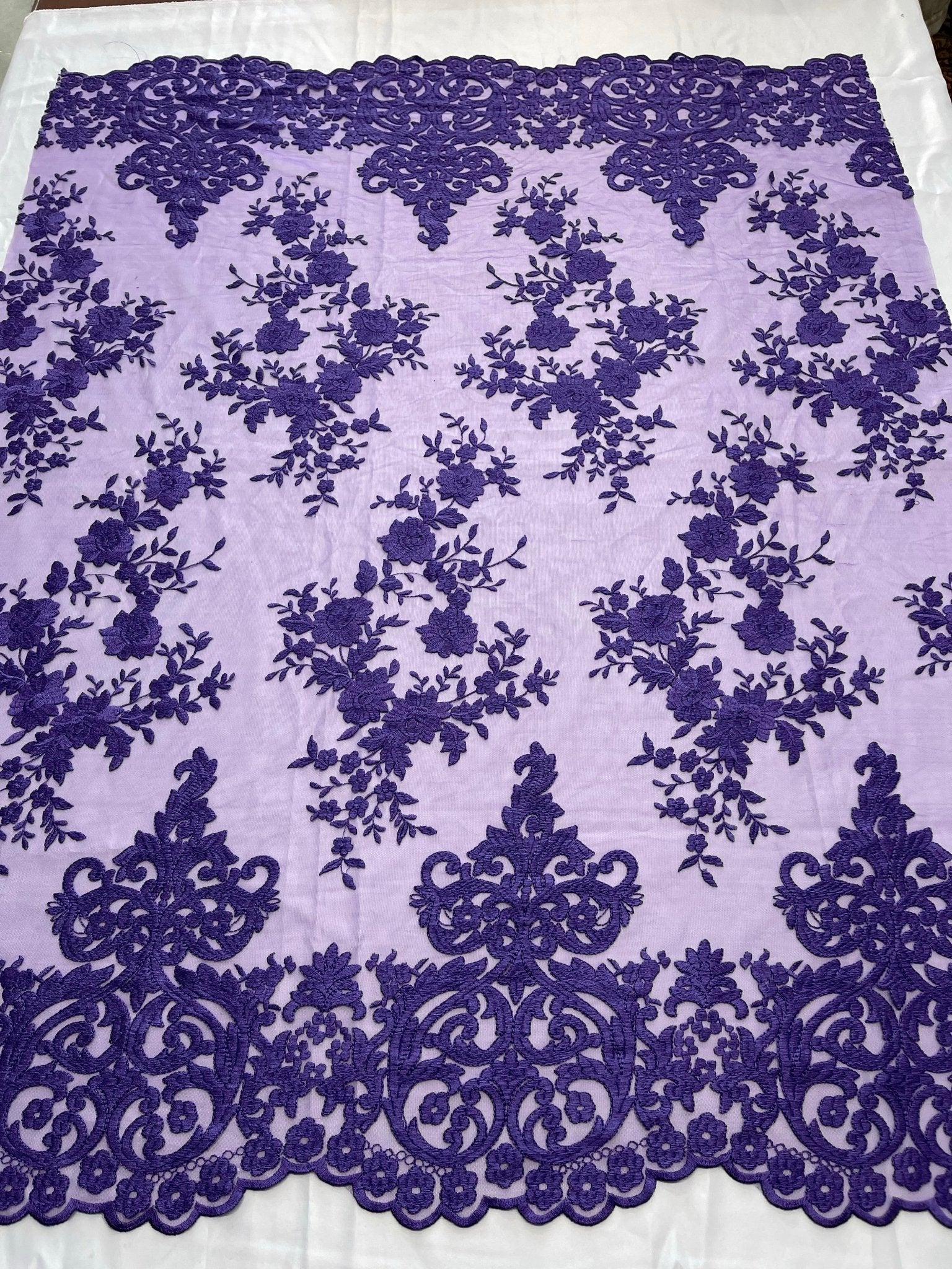 Elegant flower damask flat lace embroidery on a mesh - sold by the yard. - New Creations Fabric & Foam Inc