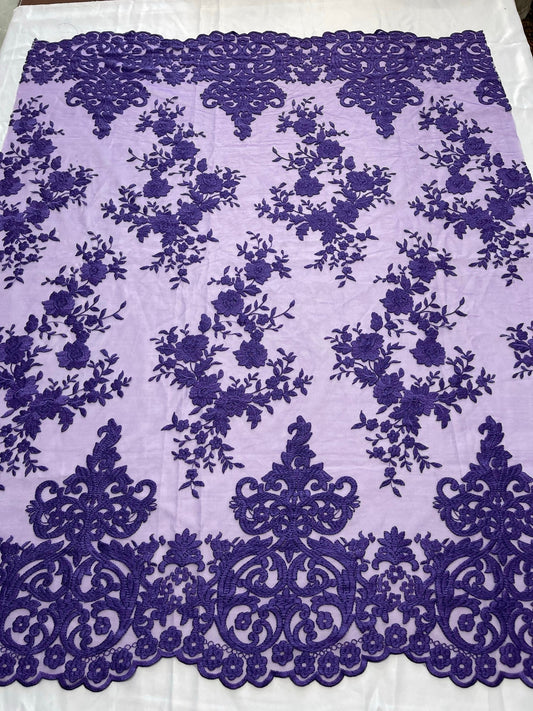 Elegant flower damask flat lace embroidery on a mesh - sold by the yard. - New Creations Fabric & Foam Inc