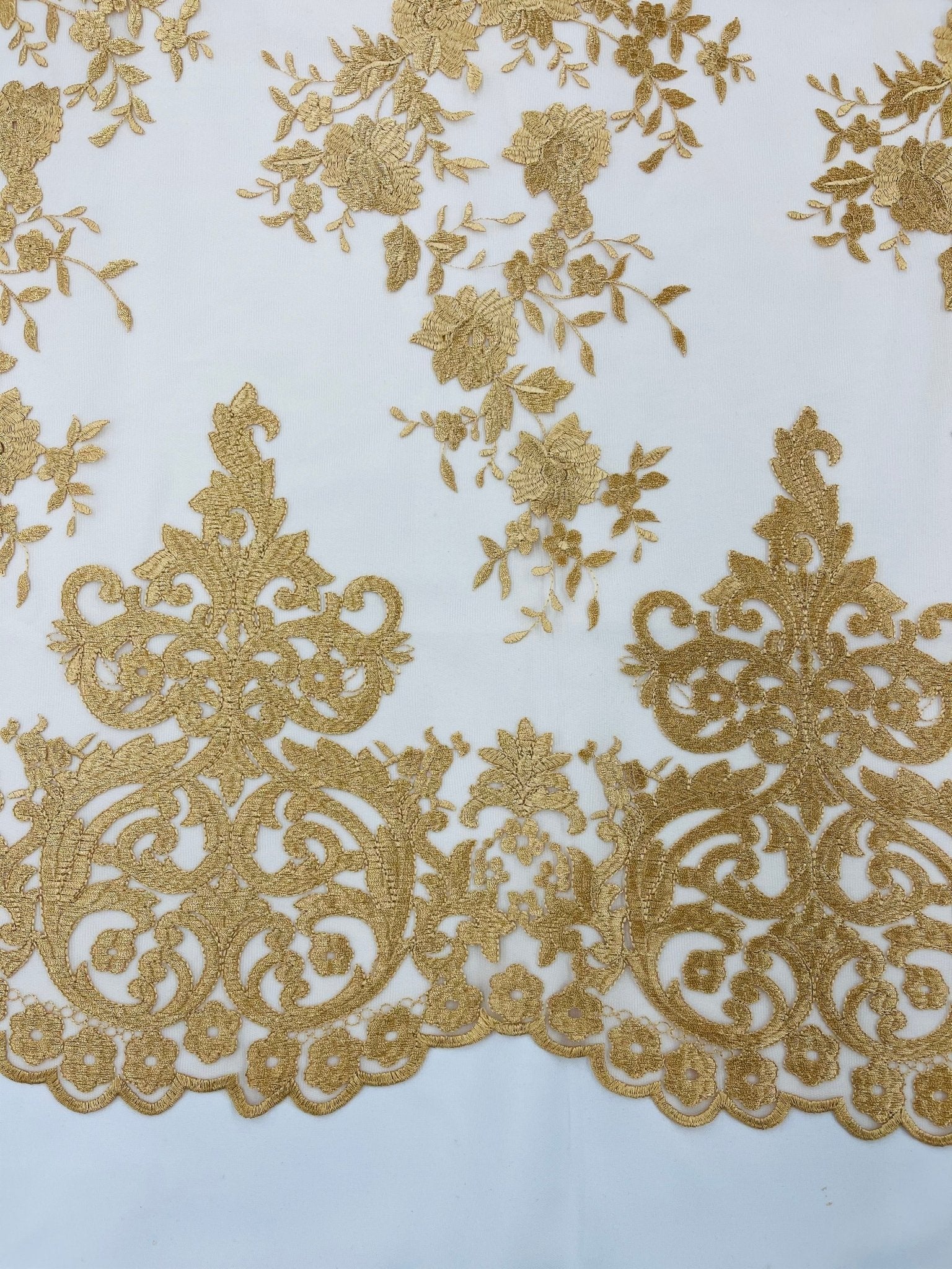 Elegant flower damask flat lace embroidery on a mesh - sold by the yard. - New Creations Fabric & Foam Inc