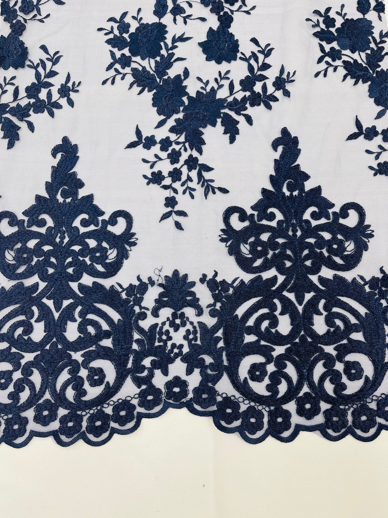 Elegant flower damask flat lace embroidery on a mesh - sold by the yard. - New Creations Fabric & Foam Inc