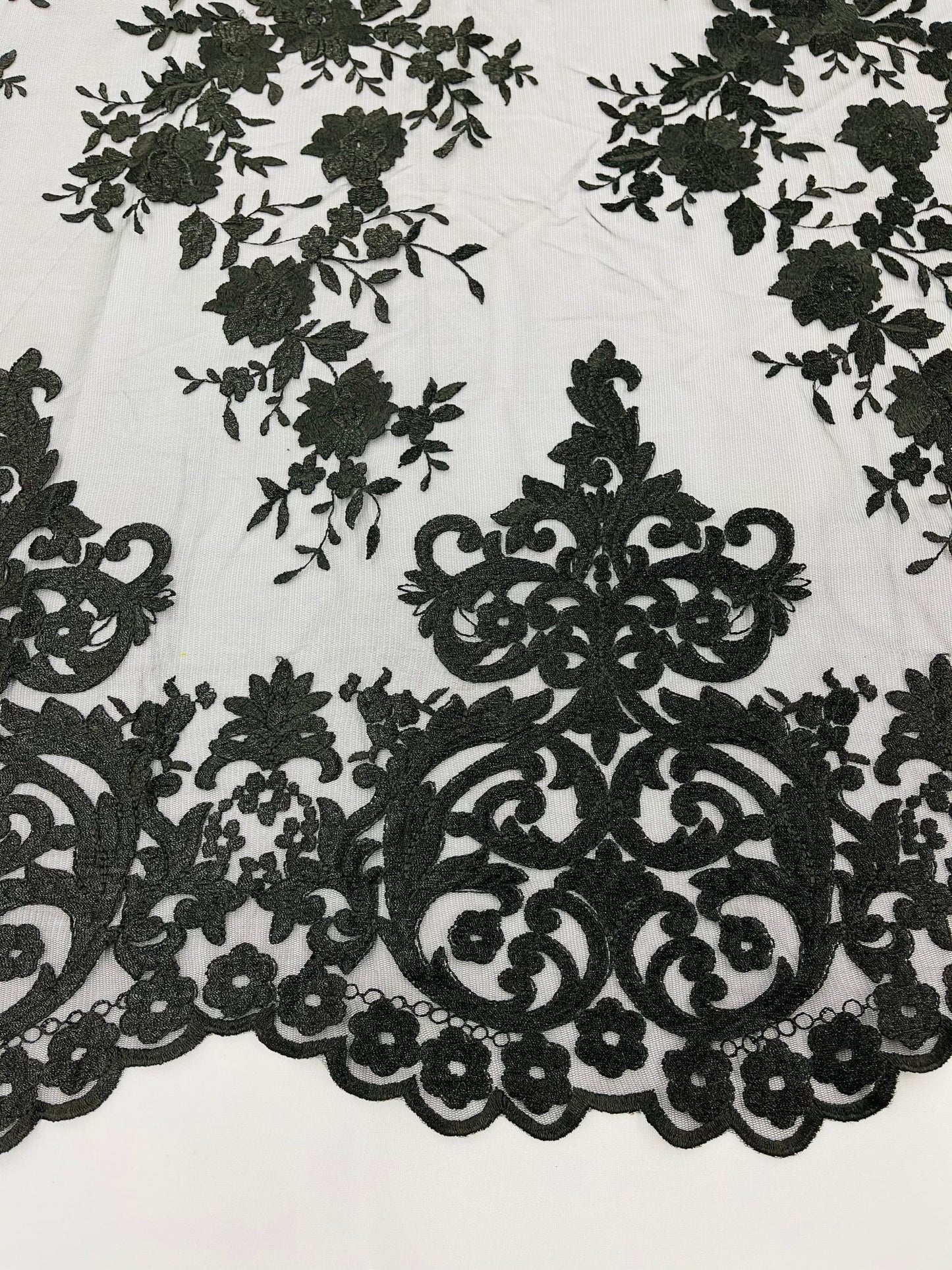 Elegant flower damask flat lace embroidery on a mesh - sold by the yard. - New Creations Fabric & Foam Inc