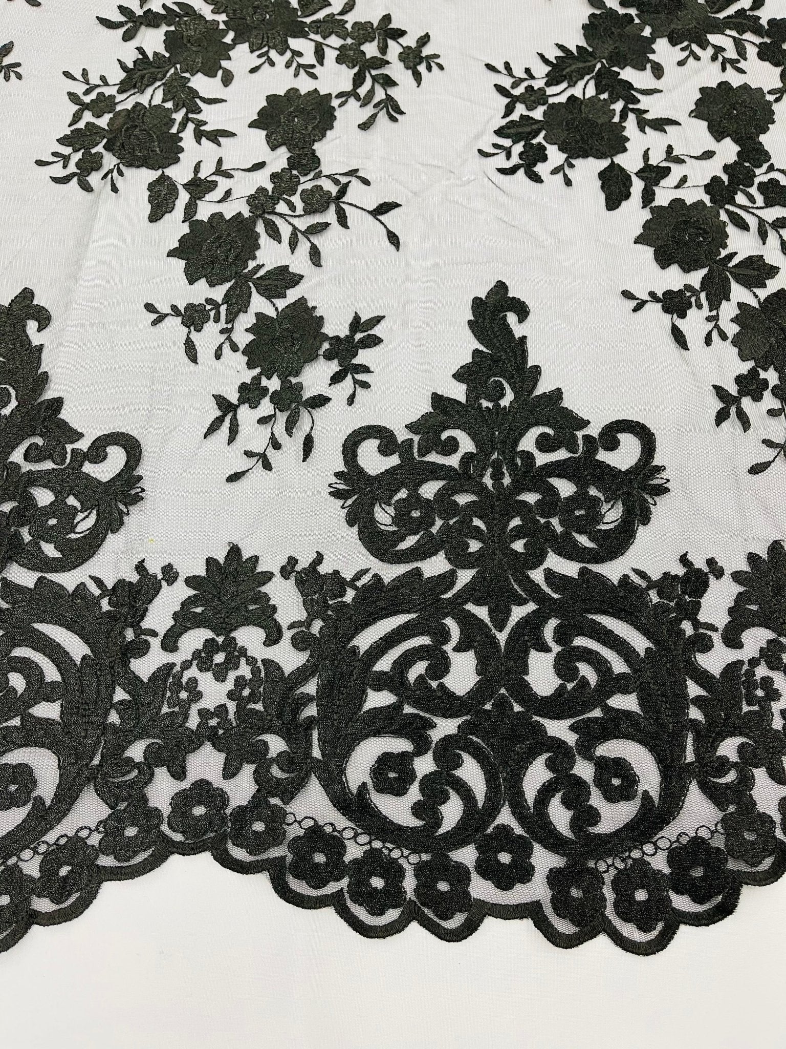 Elegant flower damask flat lace embroidery on a mesh - sold by the yard. - New Creations Fabric & Foam Inc