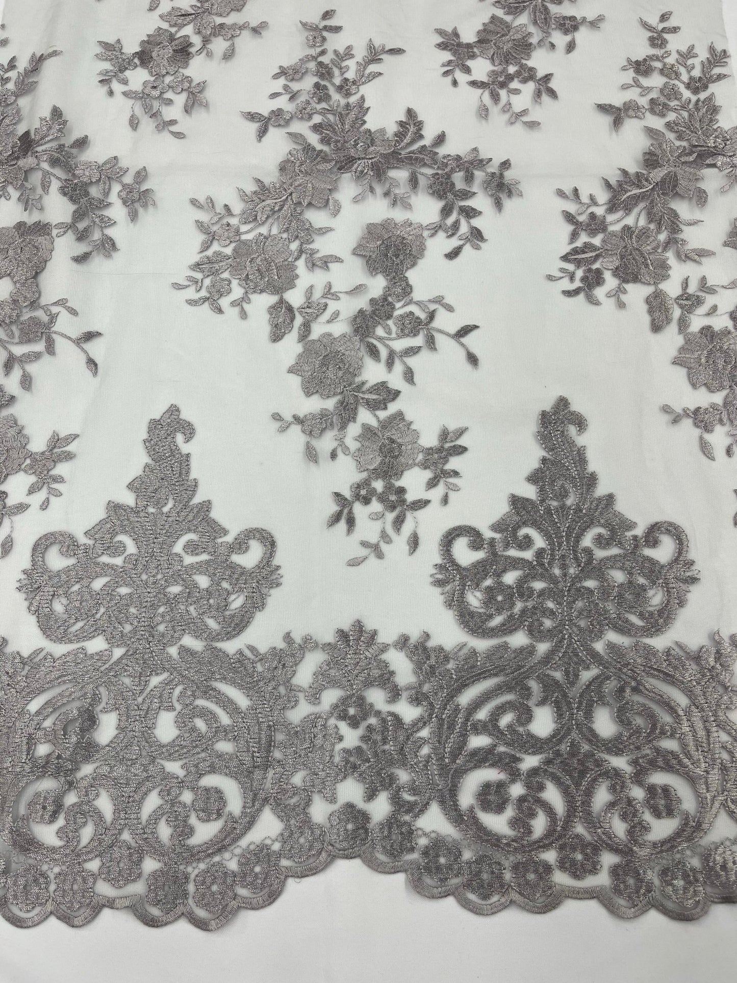 Elegant flower damask flat lace embroidery on a mesh - sold by the yard. - New Creations Fabric & Foam Inc