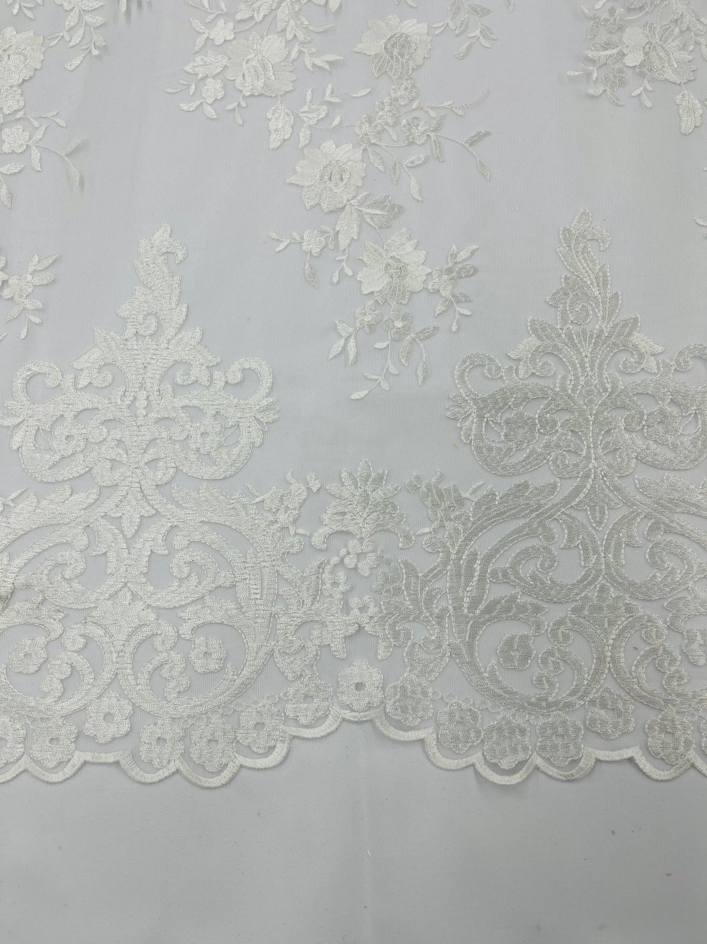 Elegant flower damask flat lace embroidery on a mesh - sold by the yard. - New Creations Fabric & Foam Inc