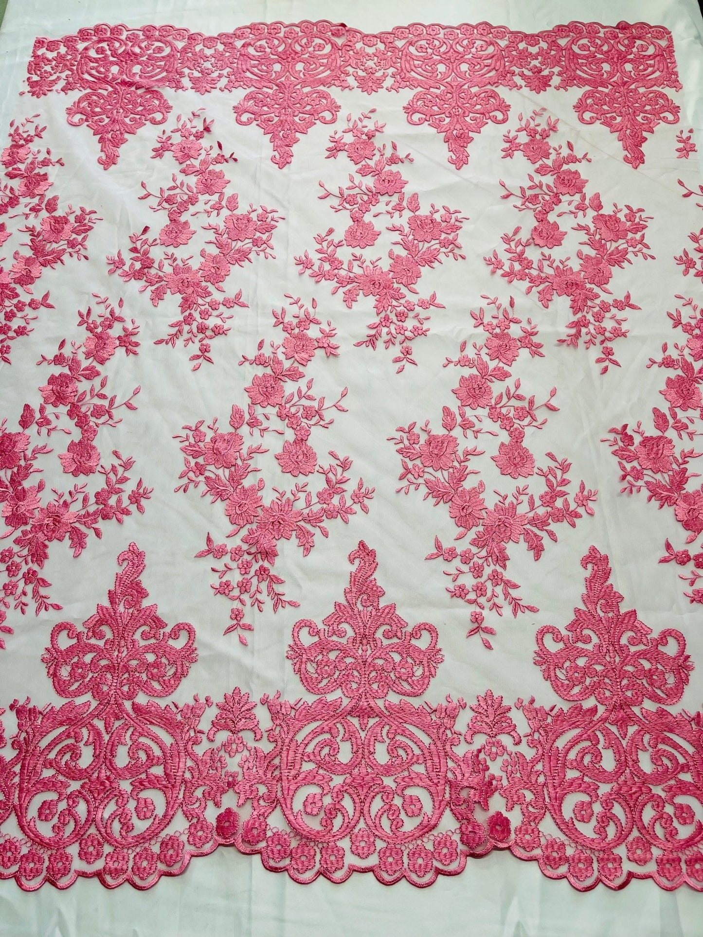 Elegant flower damask flat lace embroidery on a mesh - sold by the yard. - New Creations Fabric & Foam Inc