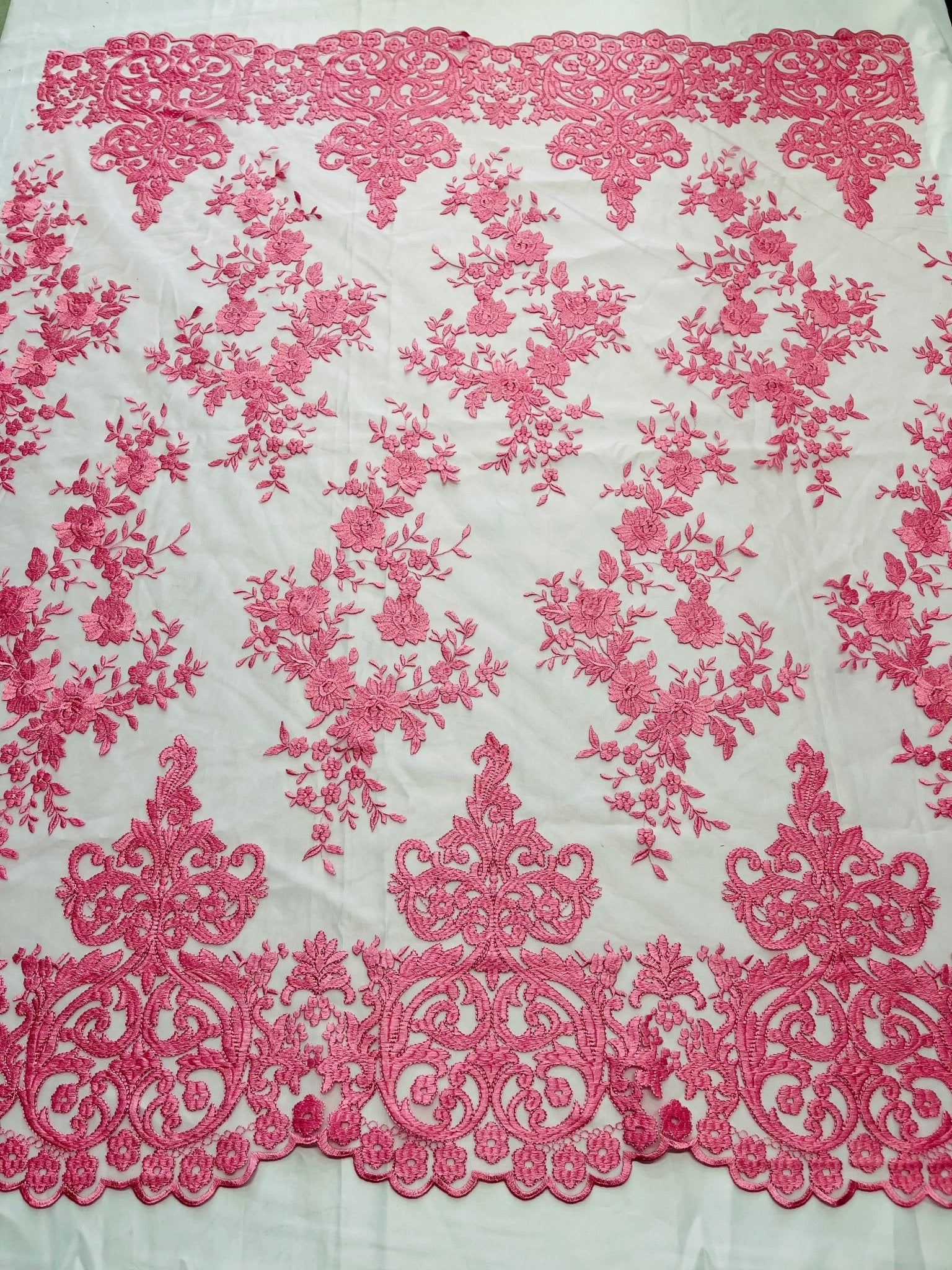 Elegant flower damask flat lace embroidery on a mesh - sold by the yard. - New Creations Fabric & Foam Inc