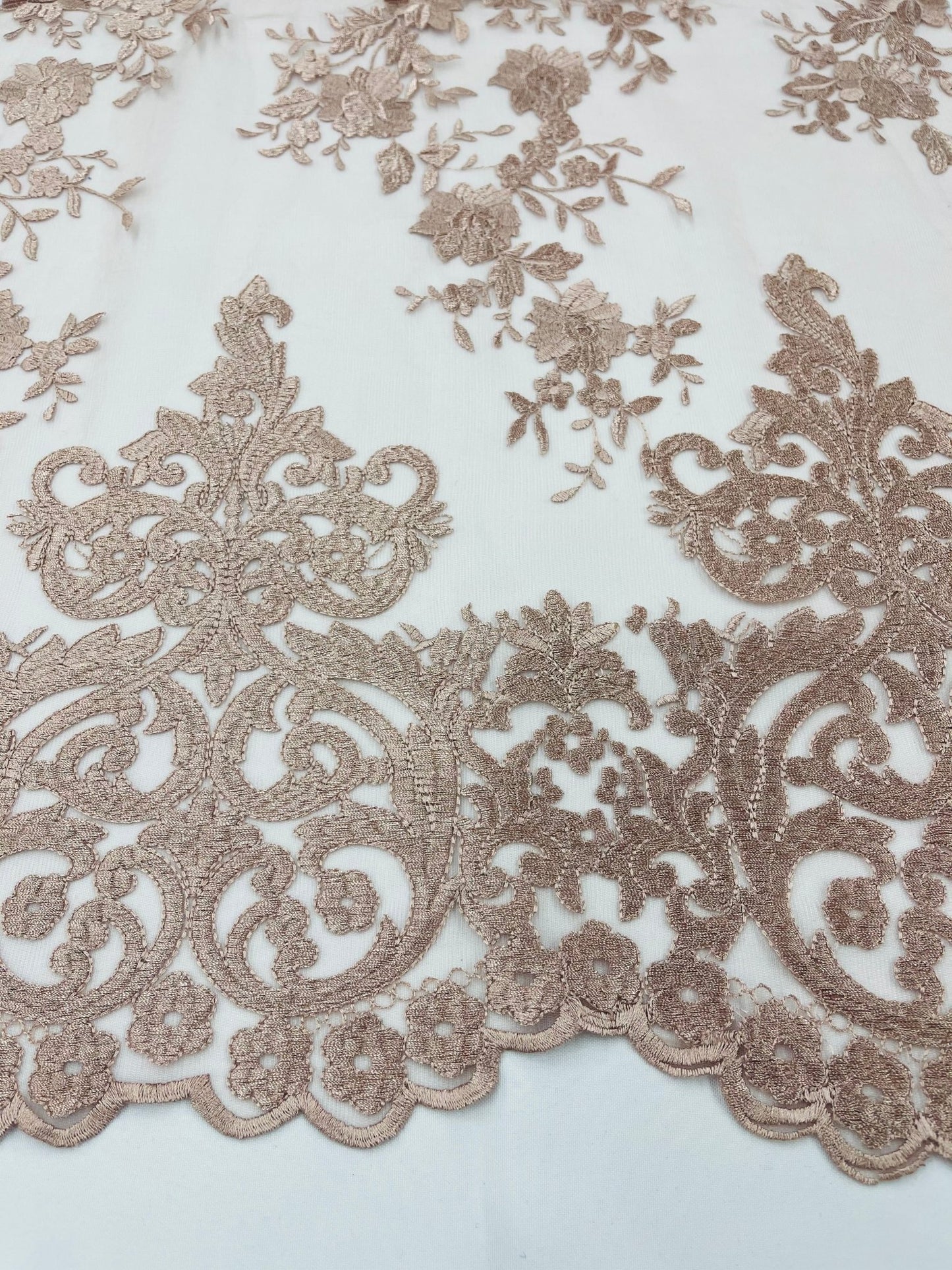 Elegant flower damask flat lace embroidery on a mesh - sold by the yard. - New Creations Fabric & Foam Inc