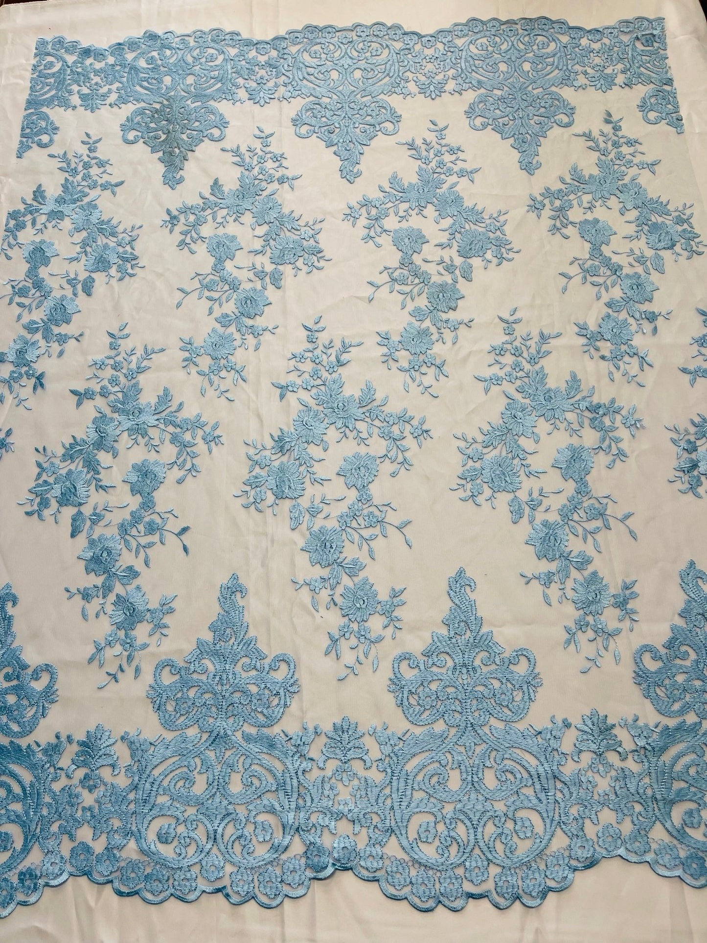 Elegant flower damask flat lace embroidery on a mesh - sold by the yard. - New Creations Fabric & Foam Inc