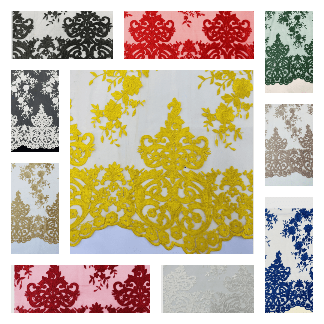 Elegant flower damask flat lace embroidery on a mesh - sold by the yard. - New Creations Fabric & Foam Inc