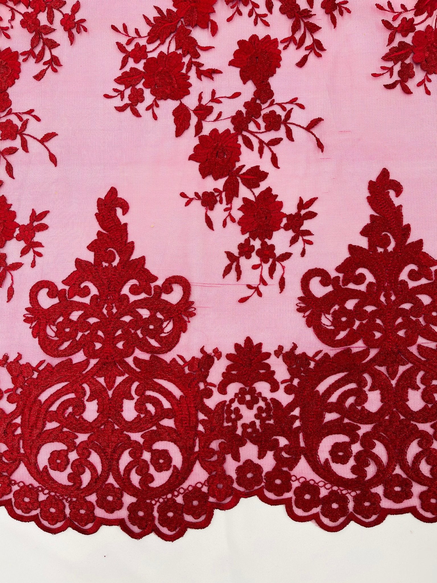 Elegant flower damask flat lace embroidery on a mesh - sold by the yard. - New Creations Fabric & Foam Inc