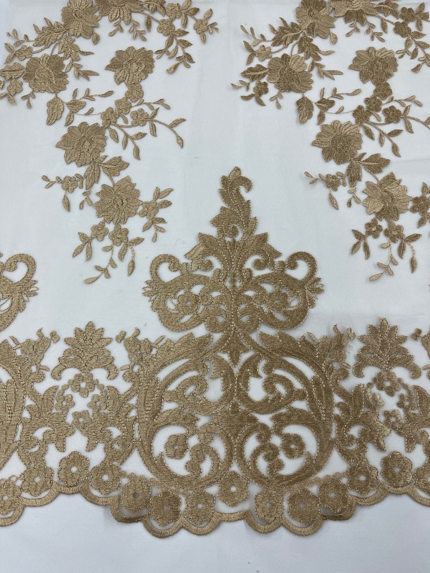 Elegant flower damask flat lace embroidery on a mesh - sold by the yard. - New Creations Fabric & Foam Inc