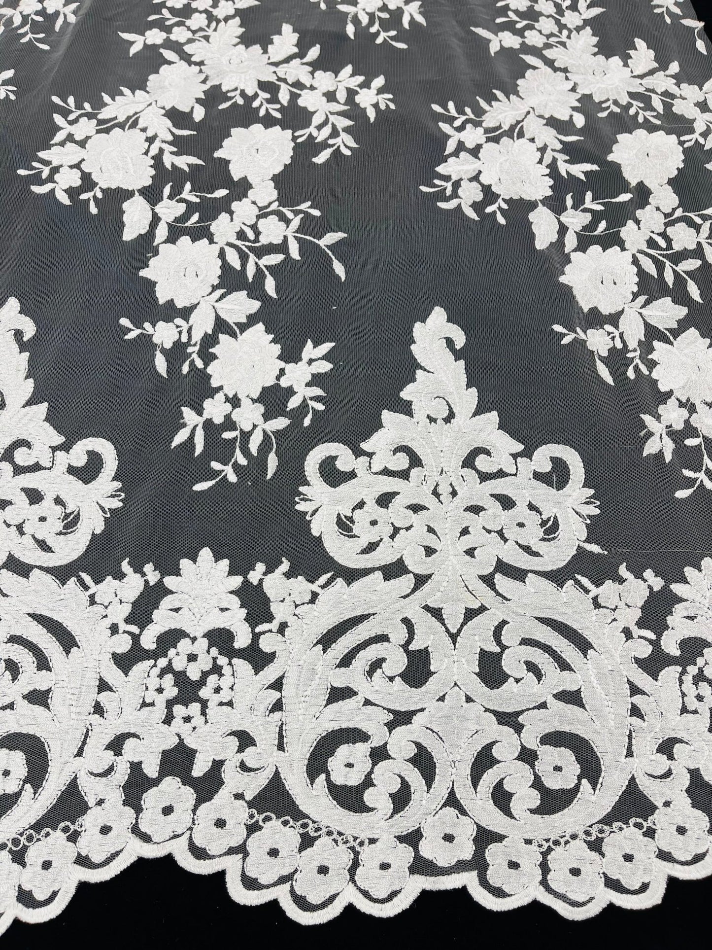 Elegant flower damask flat lace embroidery on a mesh - sold by the yard. - New Creations Fabric & Foam Inc