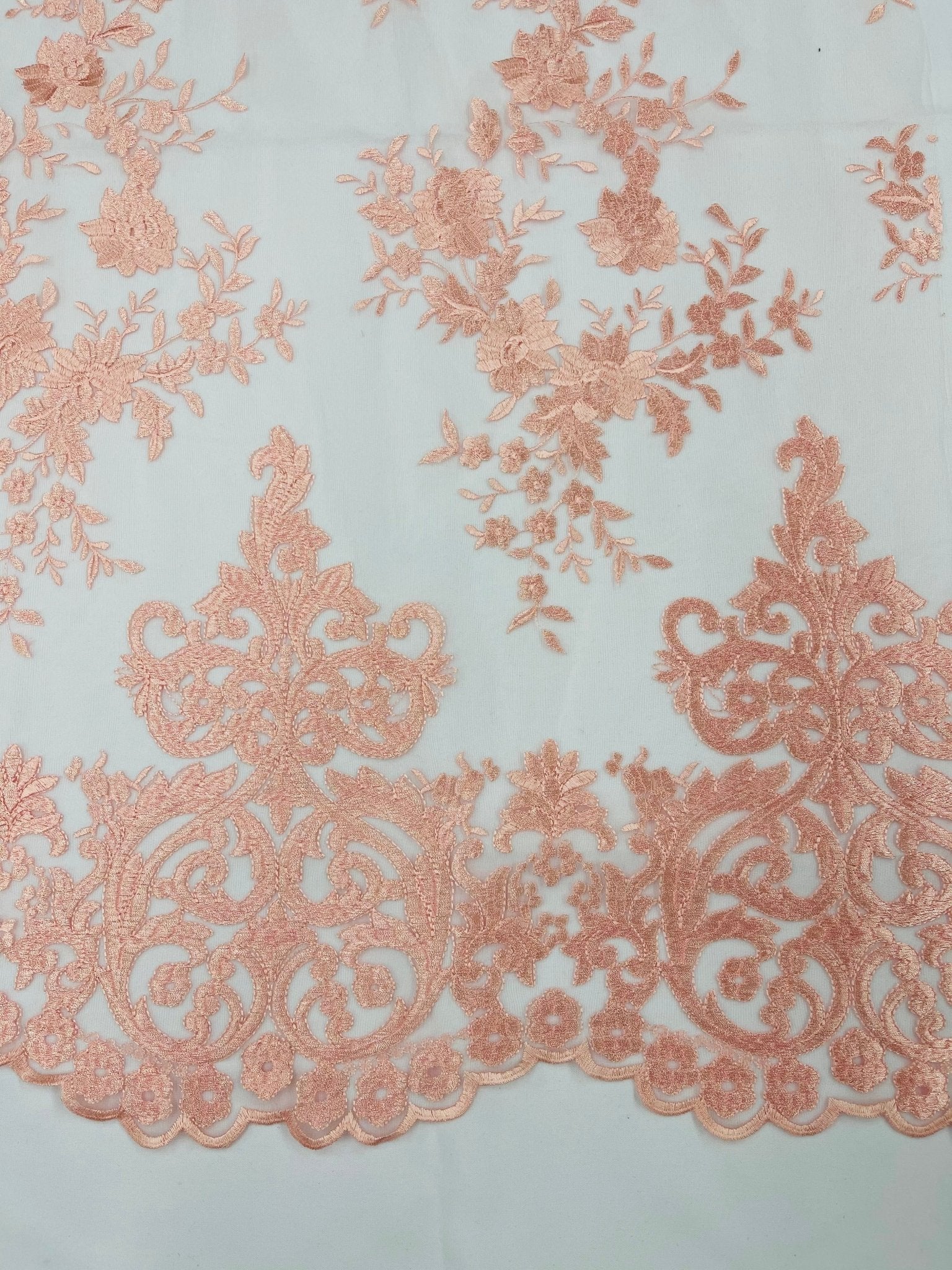 Elegant flower damask flat lace embroidery on a mesh - sold by the yard. - New Creations Fabric & Foam Inc
