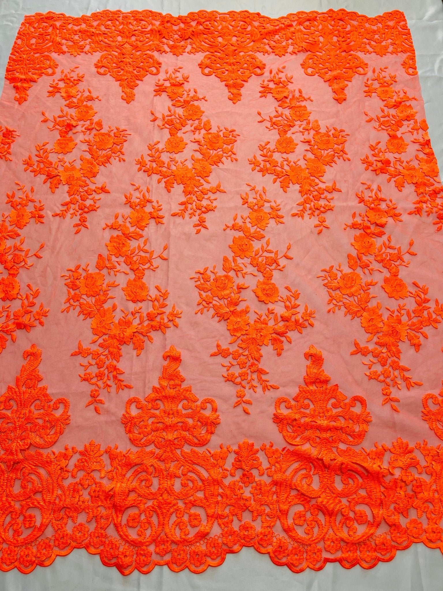 Elegant flower damask flat lace embroidery on a mesh - sold by the yard. - New Creations Fabric & Foam Inc