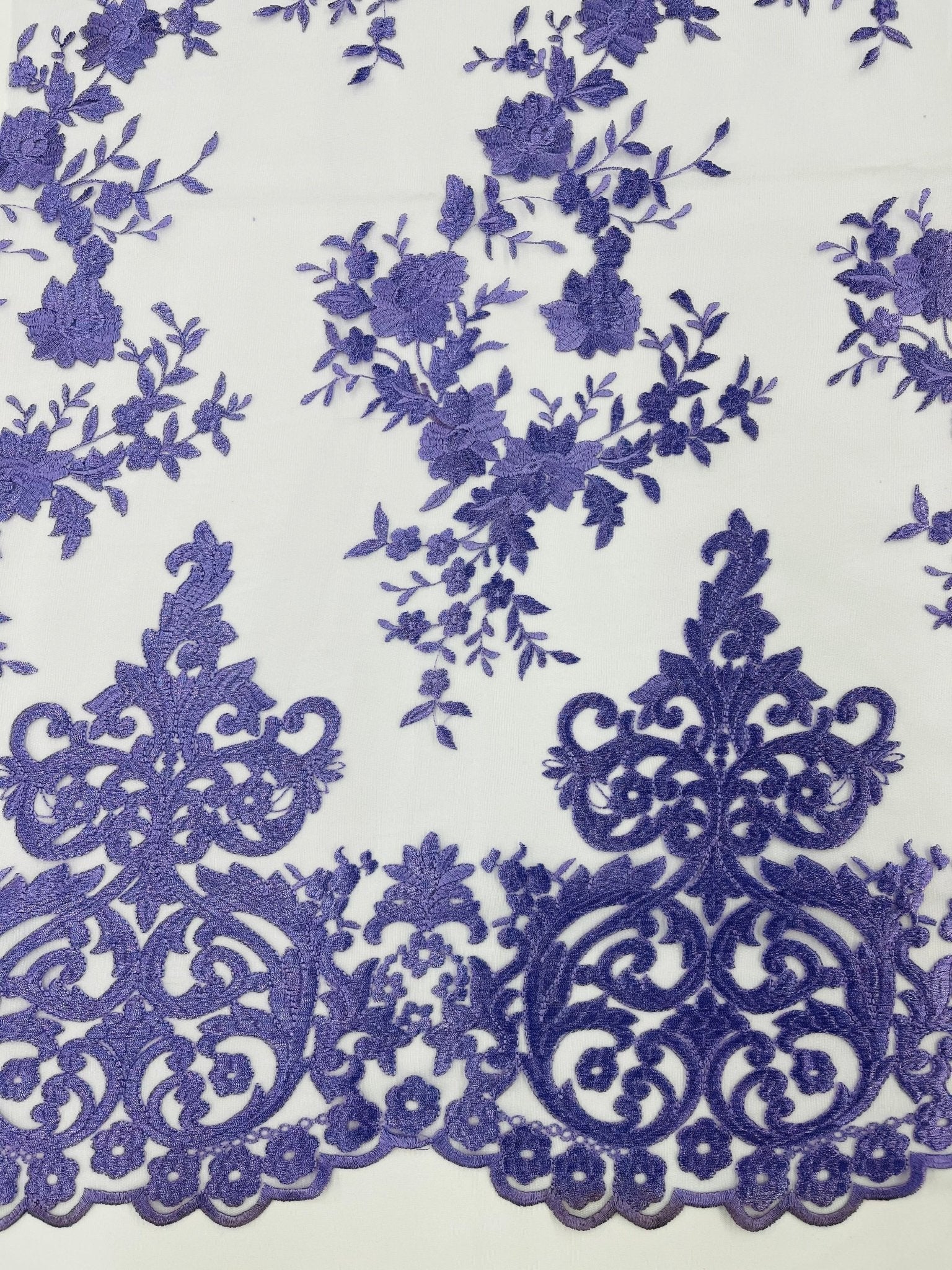 Elegant flower damask flat lace embroidery on a mesh - sold by the yard. - New Creations Fabric & Foam Inc