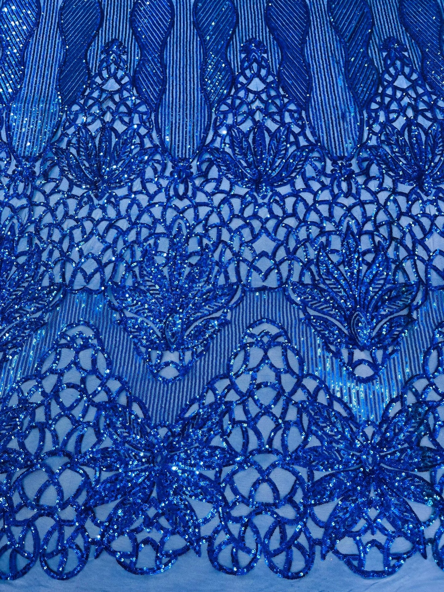 Feather Damask Shiny Sequin Design on a 4 Way Stretch mesh Fabric - Prom Night - Sold by The Yard. - New Creations Fabric & Foam Inc