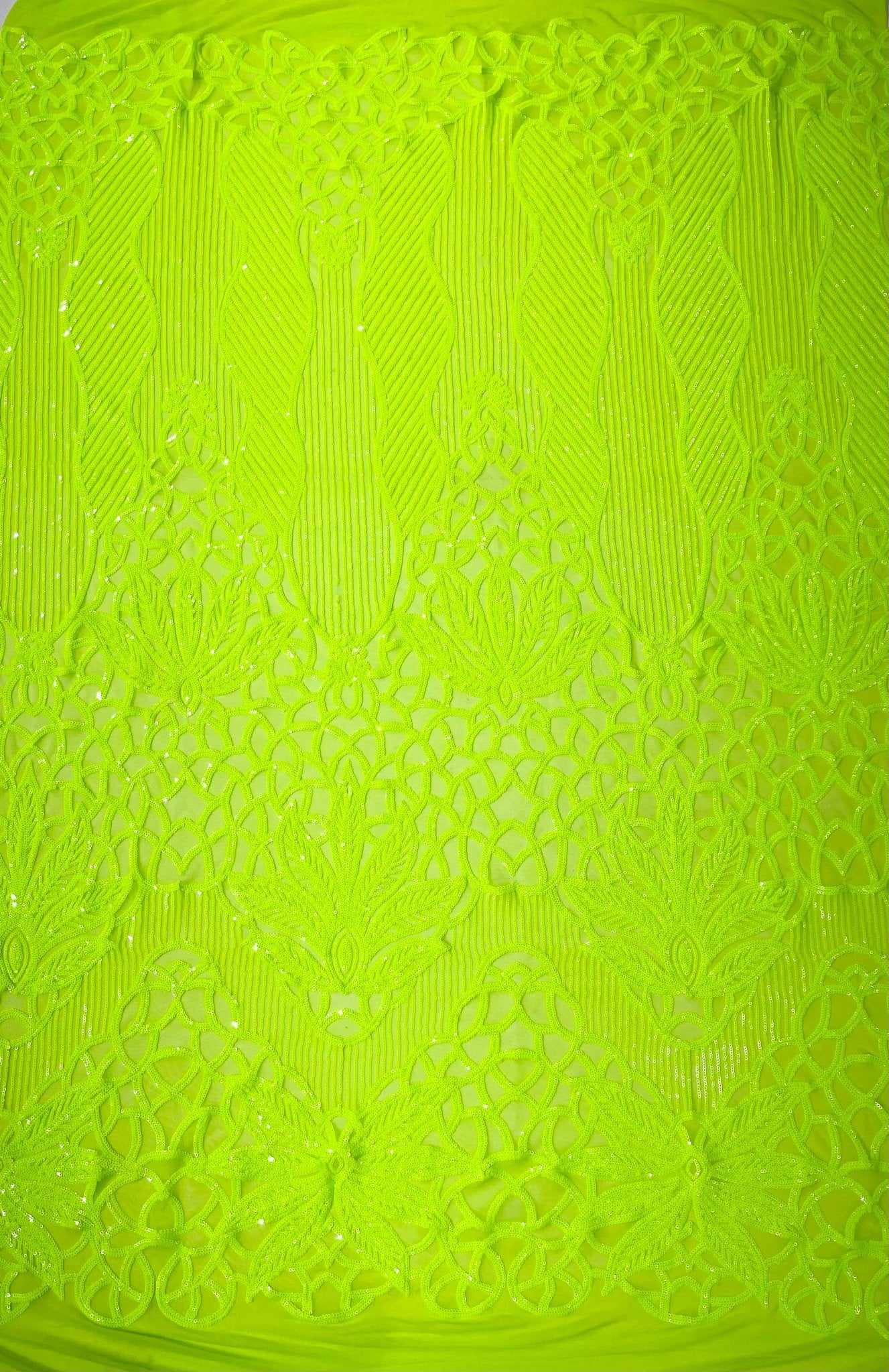 Feather Damask Shiny Sequin Design on a 4 Way Stretch mesh Fabric - Prom Night - Sold by The Yard. - New Creations Fabric & Foam Inc