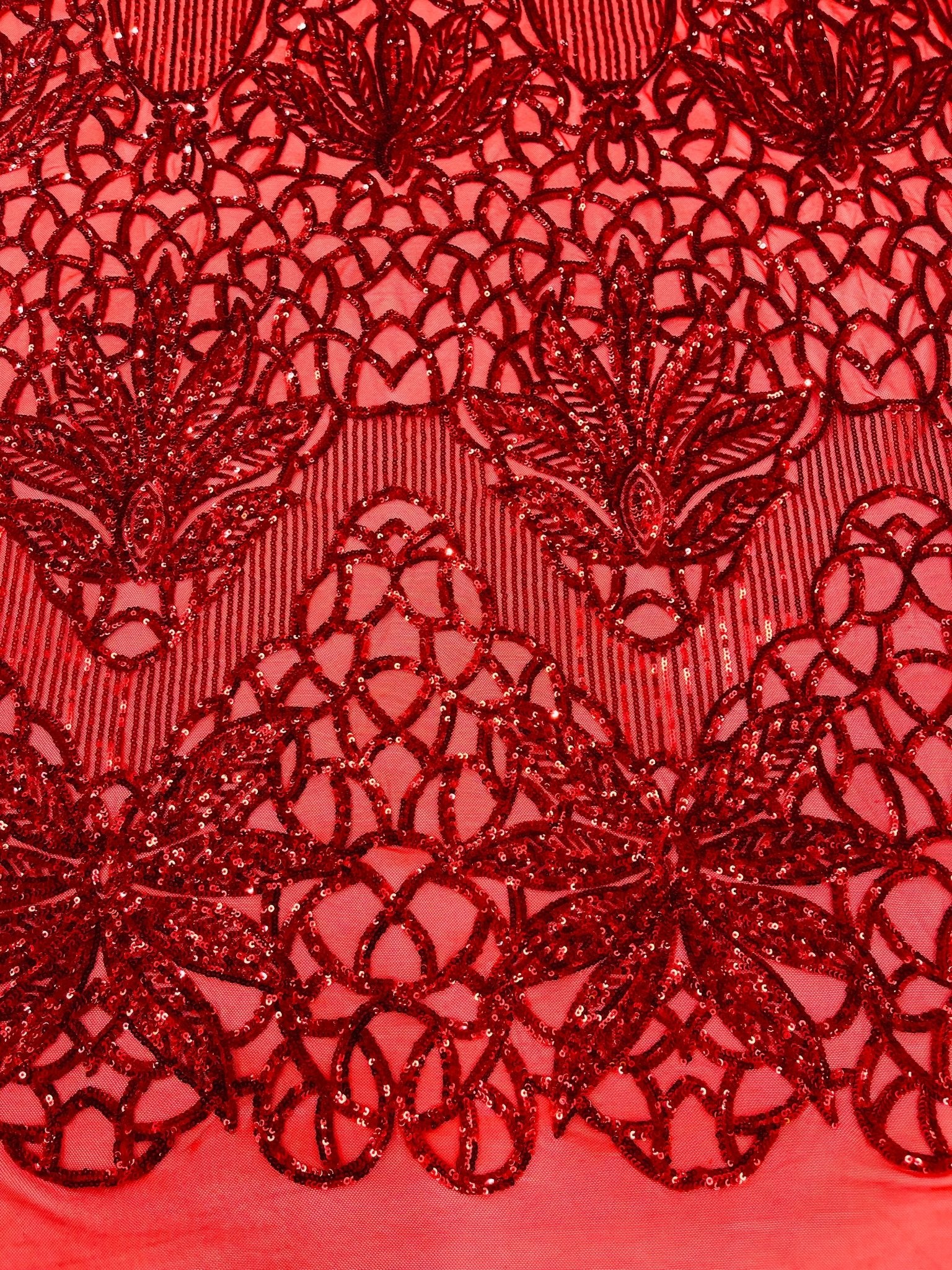 Feather Damask Shiny Sequin Design on a 4 Way Stretch mesh Fabric - Prom Night - Sold by The Yard. - New Creations Fabric & Foam Inc