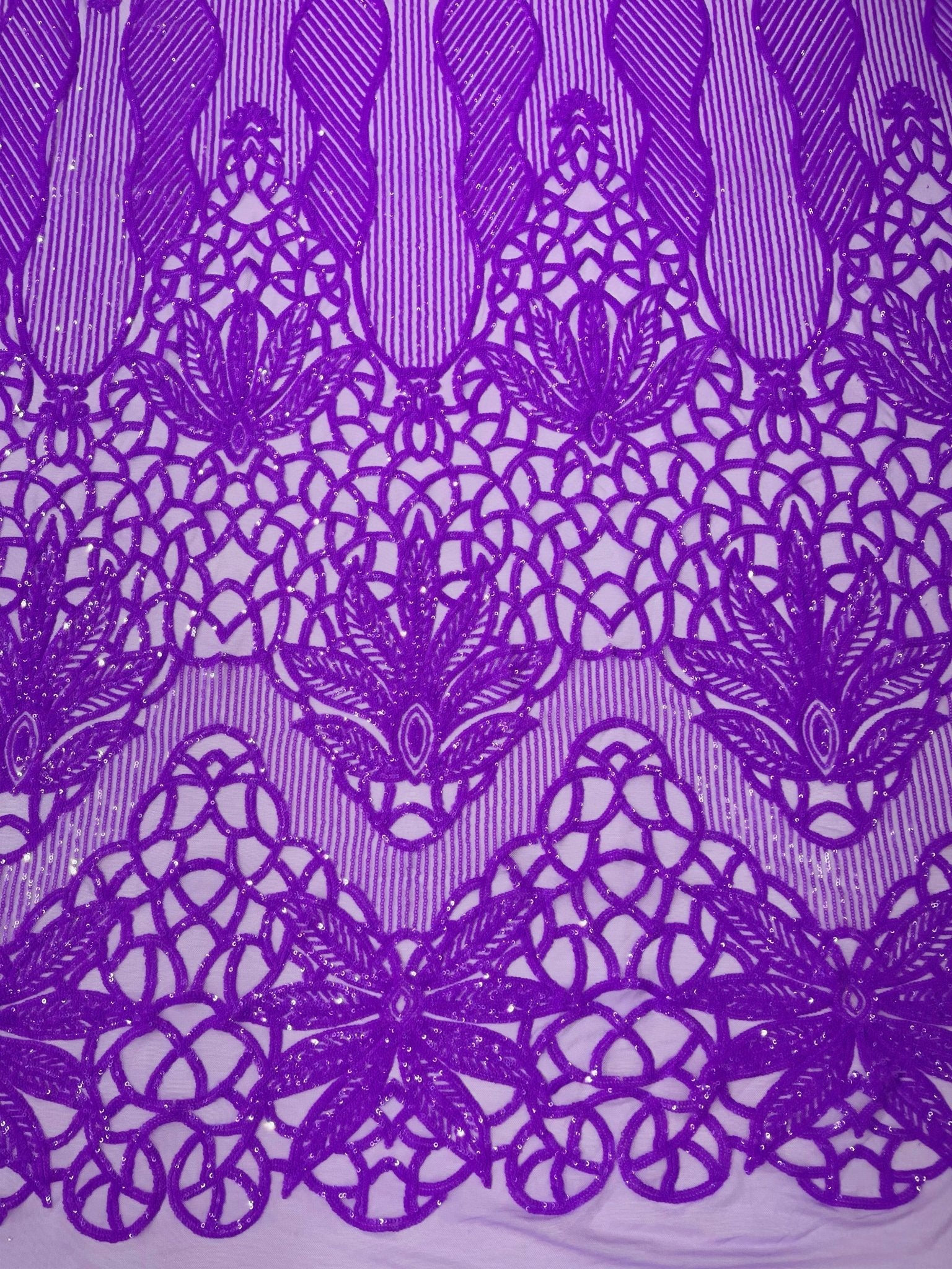 Feather Damask Shiny Sequin Design on a 4 Way Stretch mesh Fabric - Prom Night - Sold by The Yard. - New Creations Fabric & Foam Inc