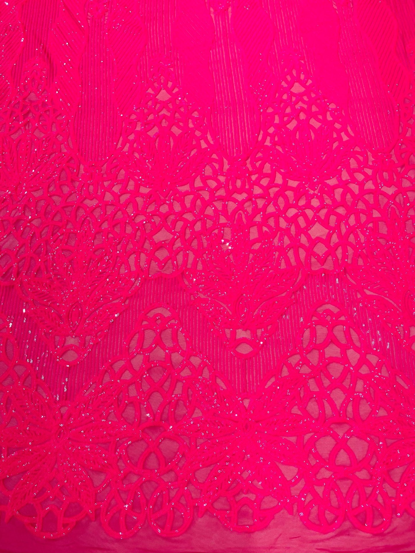 Feather Damask Shiny Sequin Design on a 4 Way Stretch mesh Fabric - Prom Night - Sold by The Yard. - New Creations Fabric & Foam Inc