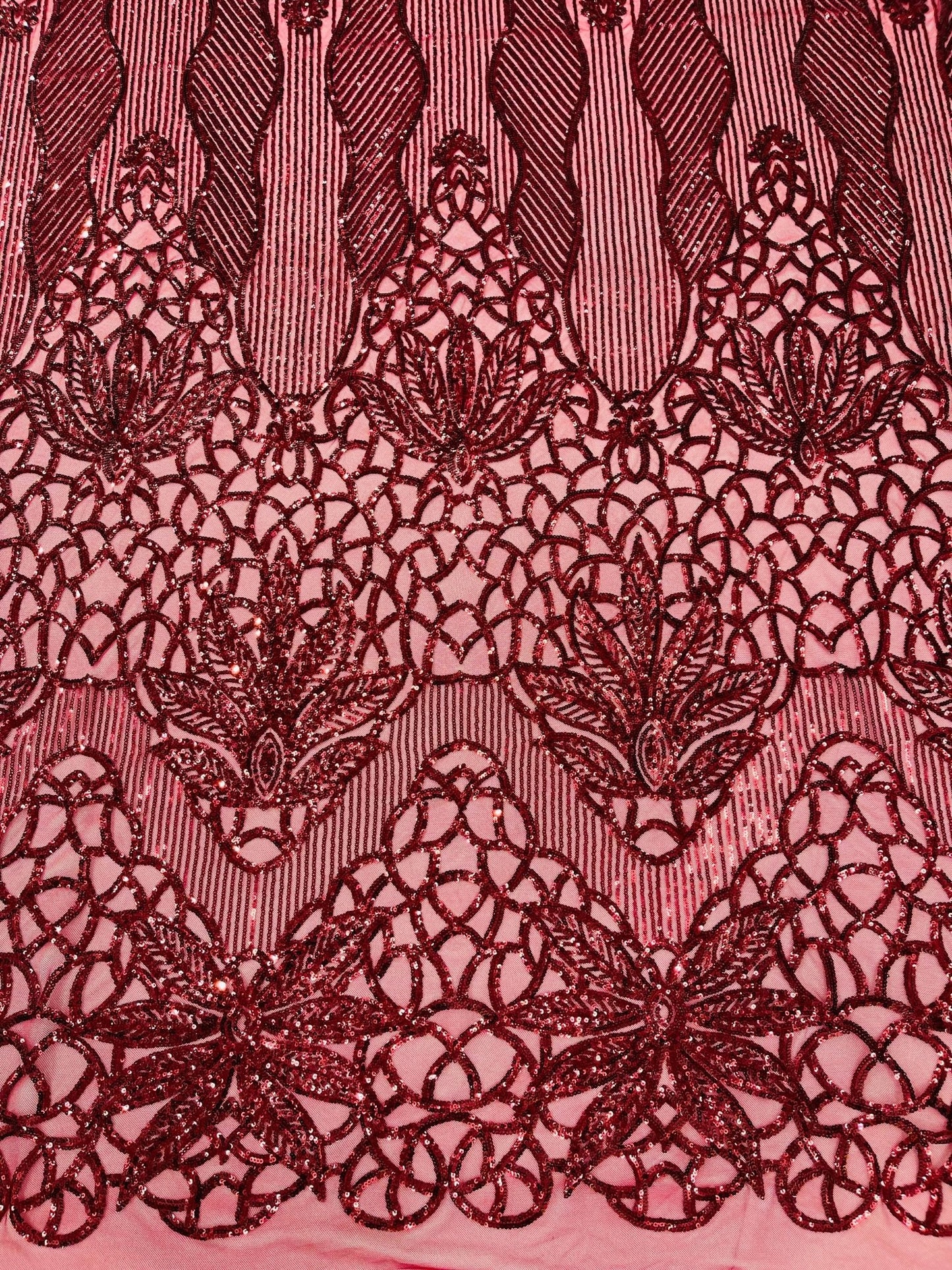 Feather Damask Shiny Sequin Design on a 4 Way Stretch mesh Fabric - Prom Night - Sold by The Yard. - New Creations Fabric & Foam Inc