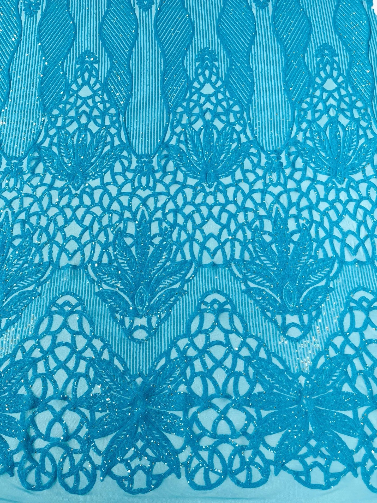 Feather Damask Shiny Sequin Design on a 4 Way Stretch mesh Fabric - Prom Night - Sold by The Yard. - New Creations Fabric & Foam Inc