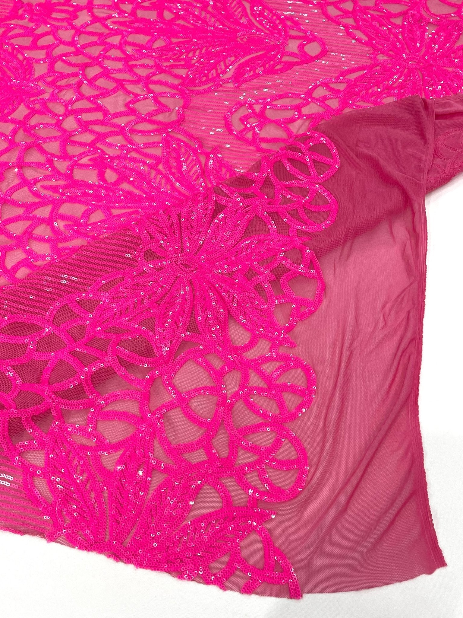 Feather Damask Shiny Sequin Design on a 4 Way Stretch mesh Fabric - Prom Night - Sold by The Yard. - New Creations Fabric & Foam Inc