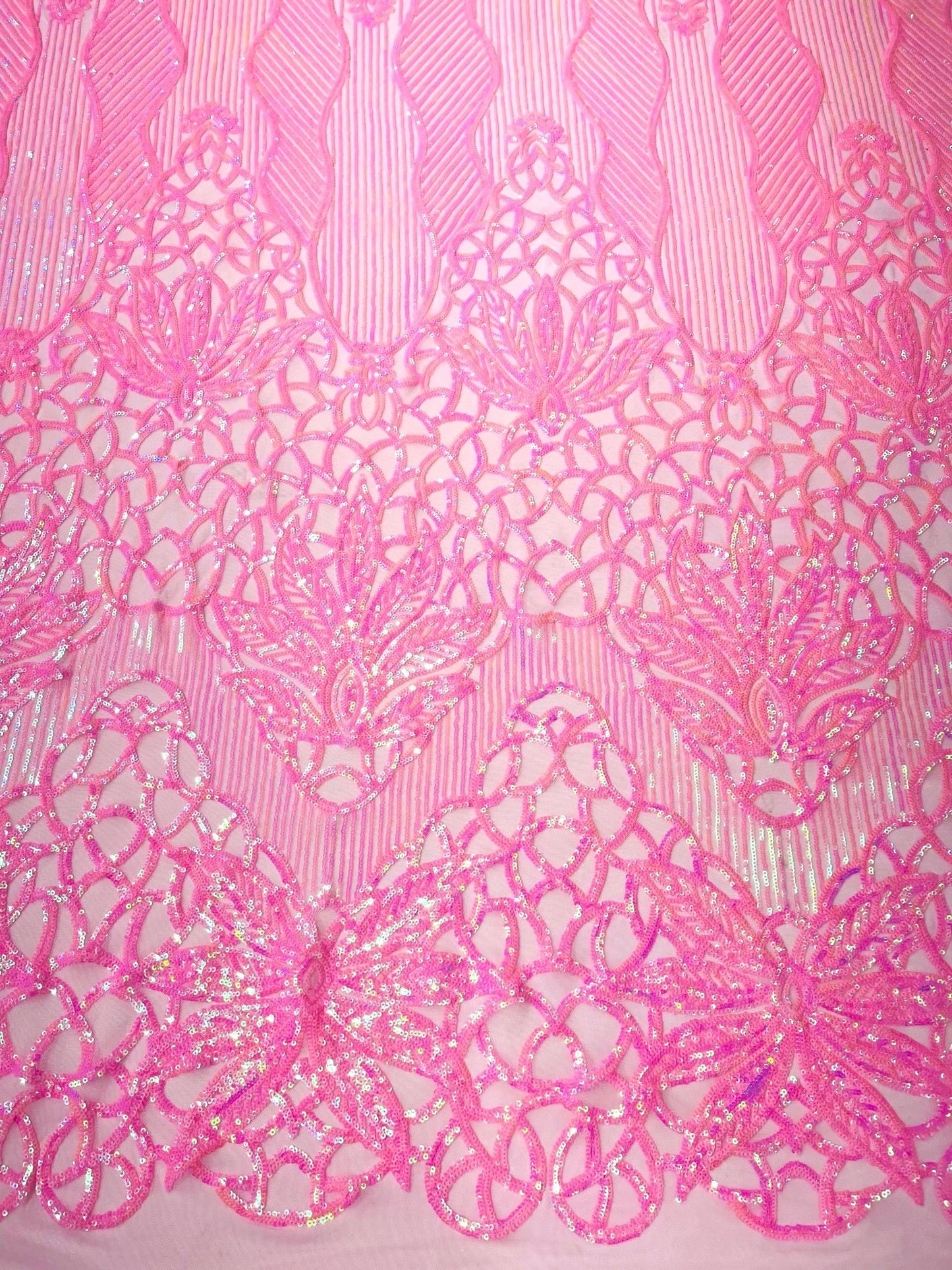 Feather Damask Shiny Sequin Design on a 4 Way Stretch mesh Fabric - Prom Night - Sold by The Yard. - New Creations Fabric & Foam Inc