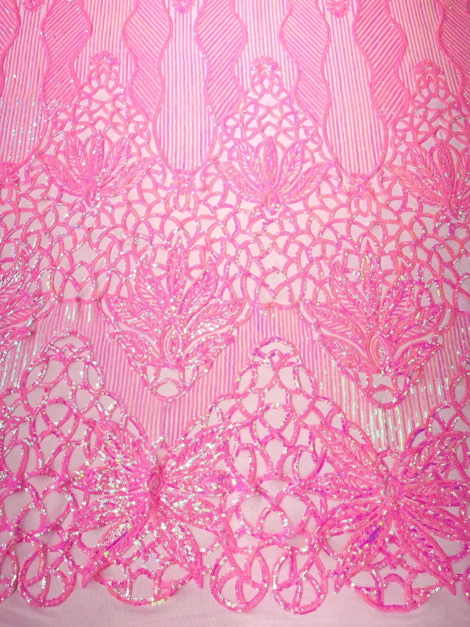Feather Damask Shiny Sequin Design on a 4 Way Stretch mesh Fabric - Prom Night - Sold by The Yard. - New Creations Fabric & Foam Inc