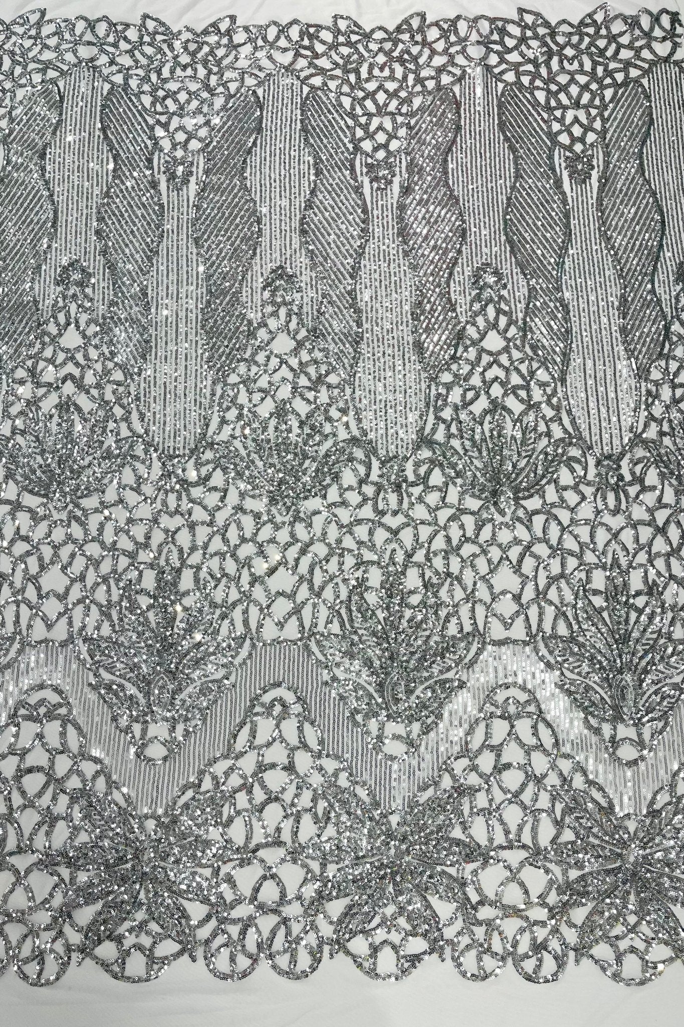 Feather Damask Shiny Sequin Design on a 4 Way Stretch mesh Fabric - Prom Night - Sold by The Yard. - New Creations Fabric & Foam Inc