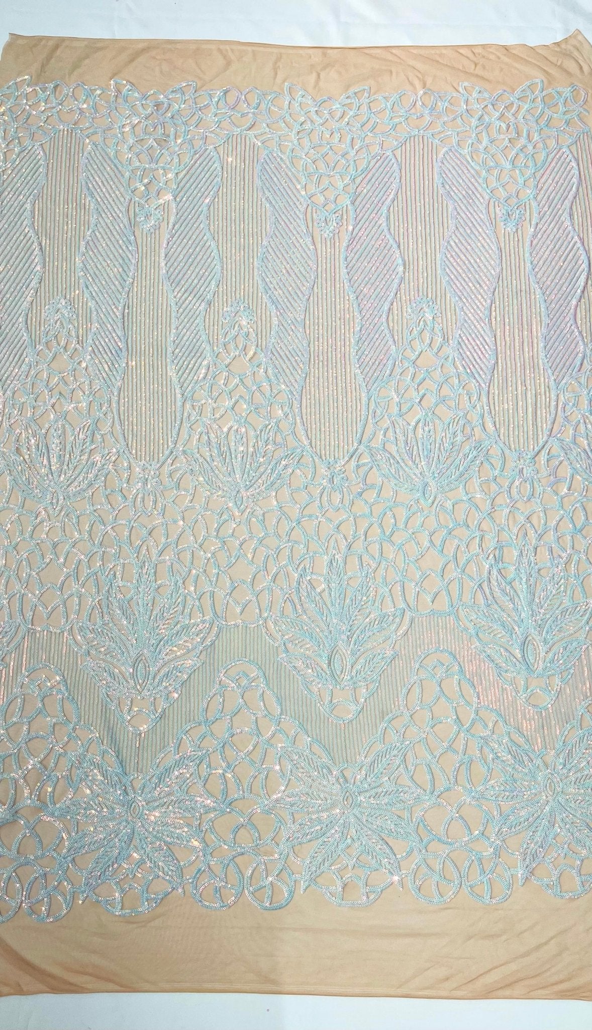 Feather Damask Shiny Sequin Design on a 4 Way Stretch mesh Fabric - Prom Night - Sold by The Yard. - New Creations Fabric & Foam Inc