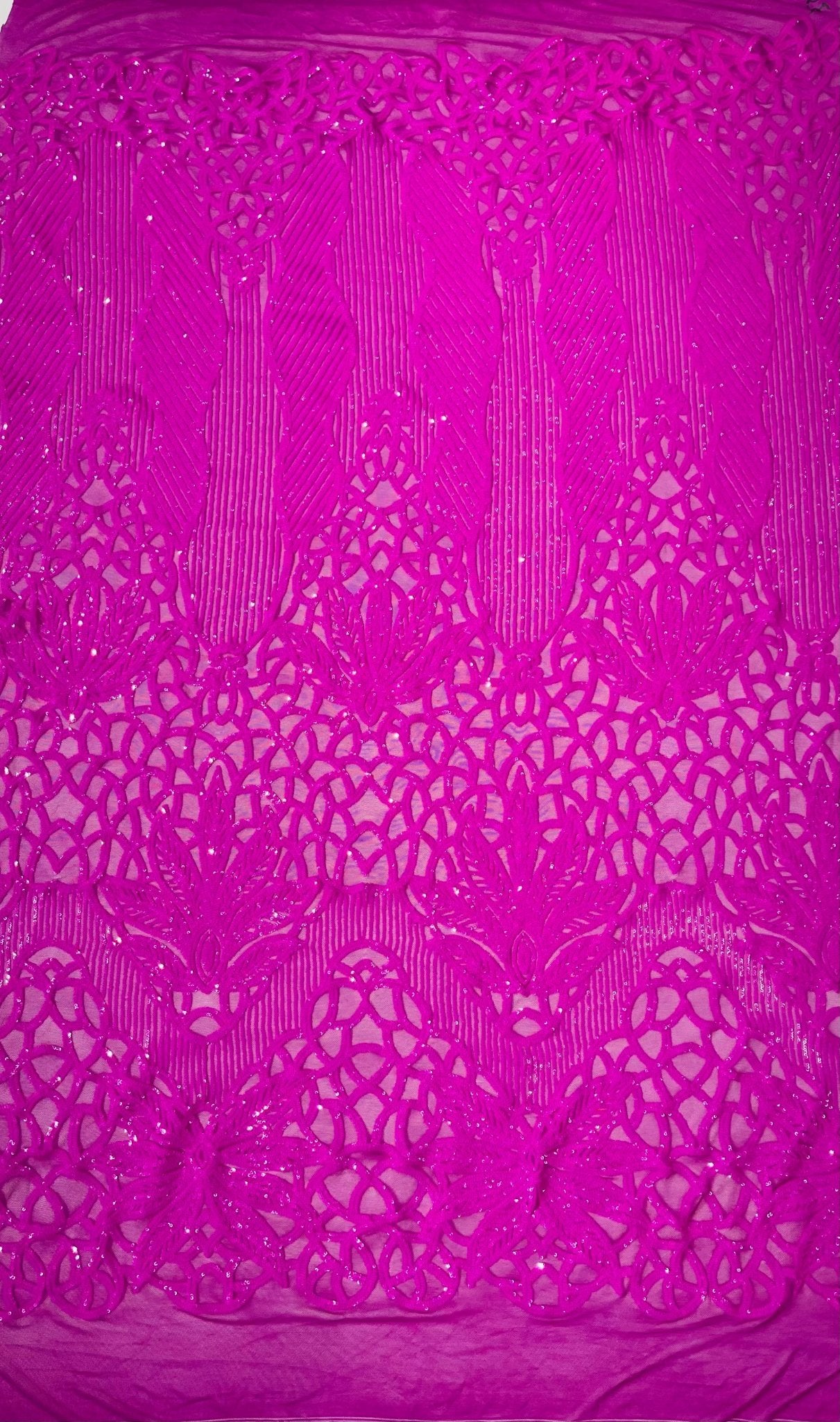 Feather Damask Shiny Sequin Design on a 4 Way Stretch mesh Fabric - Prom Night - Sold by The Yard. - New Creations Fabric & Foam Inc