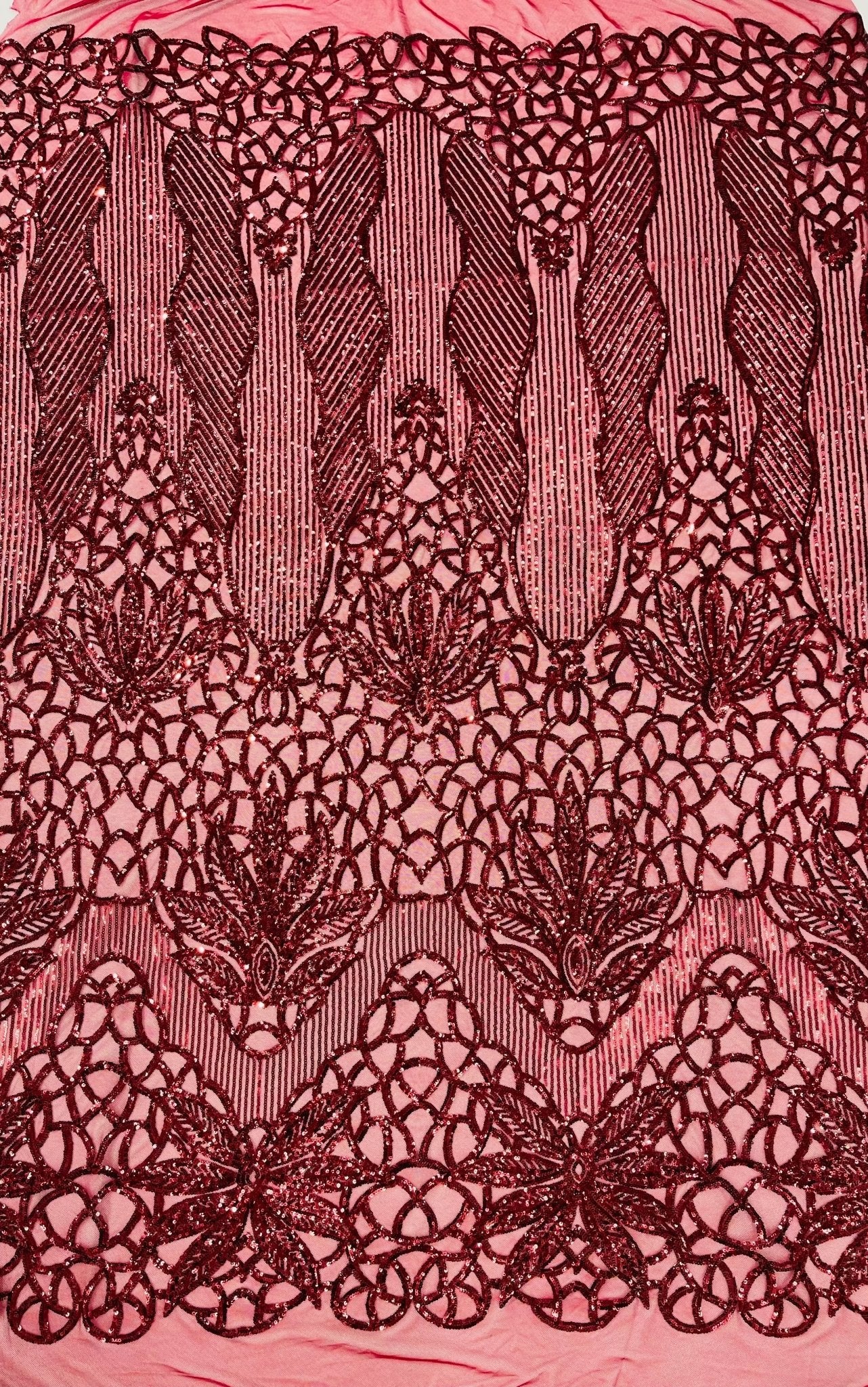 Feather Damask Shiny Sequin Design on a 4 Way Stretch mesh Fabric - Prom Night - Sold by The Yard. - New Creations Fabric & Foam Inc