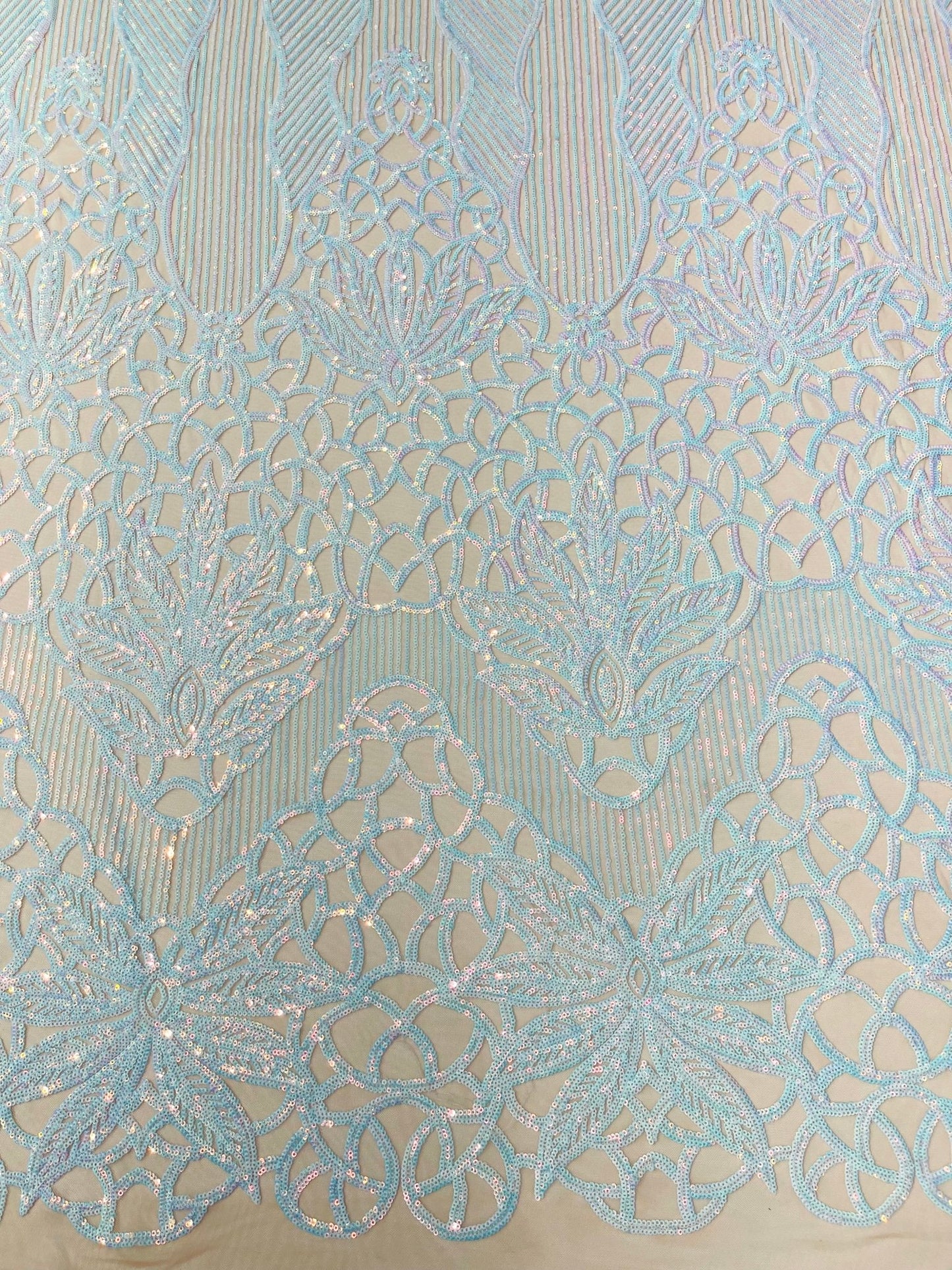 Feather Damask Shiny Sequin Design on a 4 Way Stretch mesh Fabric - Prom Night - Sold by The Yard. - New Creations Fabric & Foam Inc
