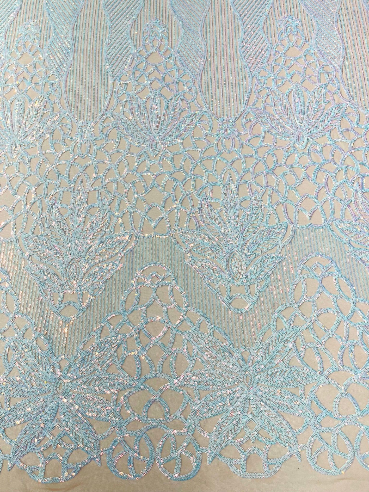 Feather Damask Shiny Sequin Design on a 4 Way Stretch mesh Fabric - Prom Night - Sold by The Yard. - New Creations Fabric & Foam Inc