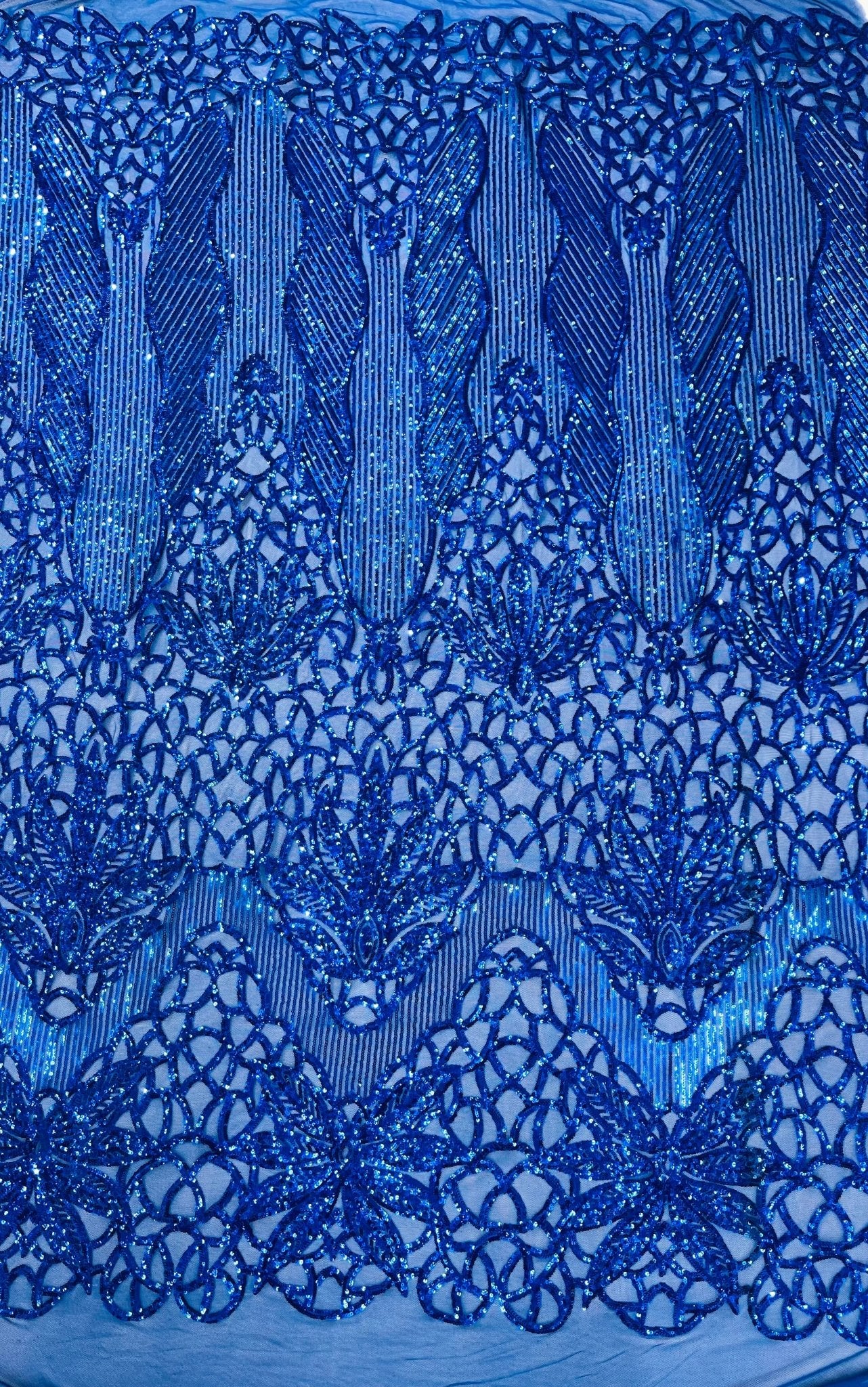 Feather Damask Shiny Sequin Design on a 4 Way Stretch mesh Fabric - Prom Night - Sold by The Yard. - New Creations Fabric & Foam Inc