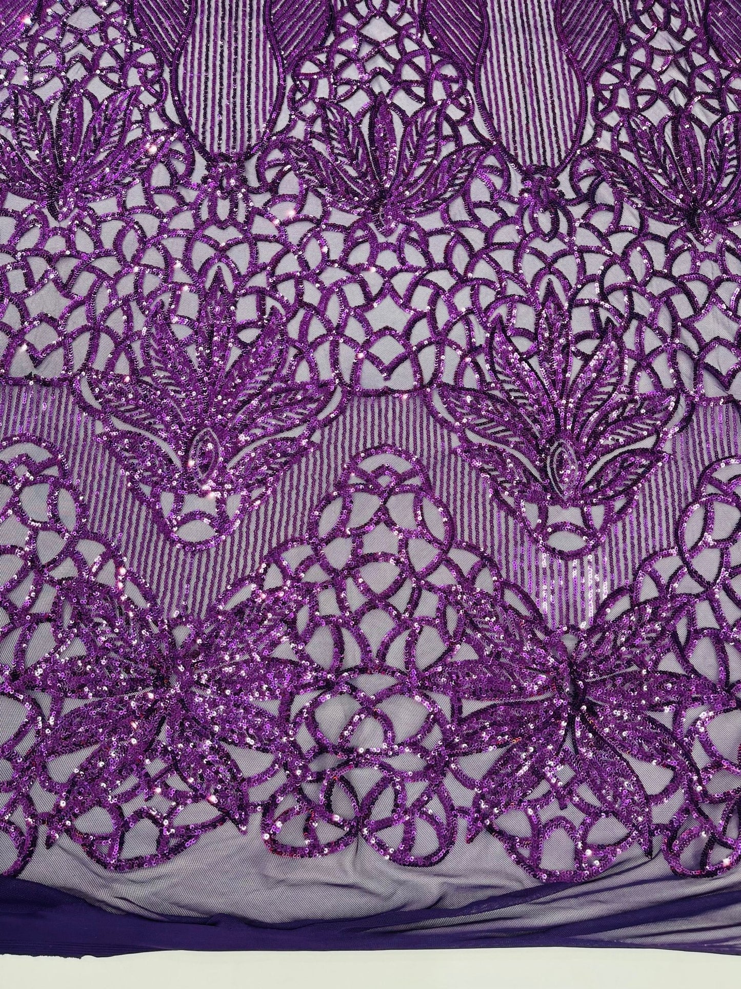 Feather Damask Shiny Sequin Design on a 4 Way Stretch mesh Fabric - Prom Night - Sold by The Yard. - New Creations Fabric & Foam Inc