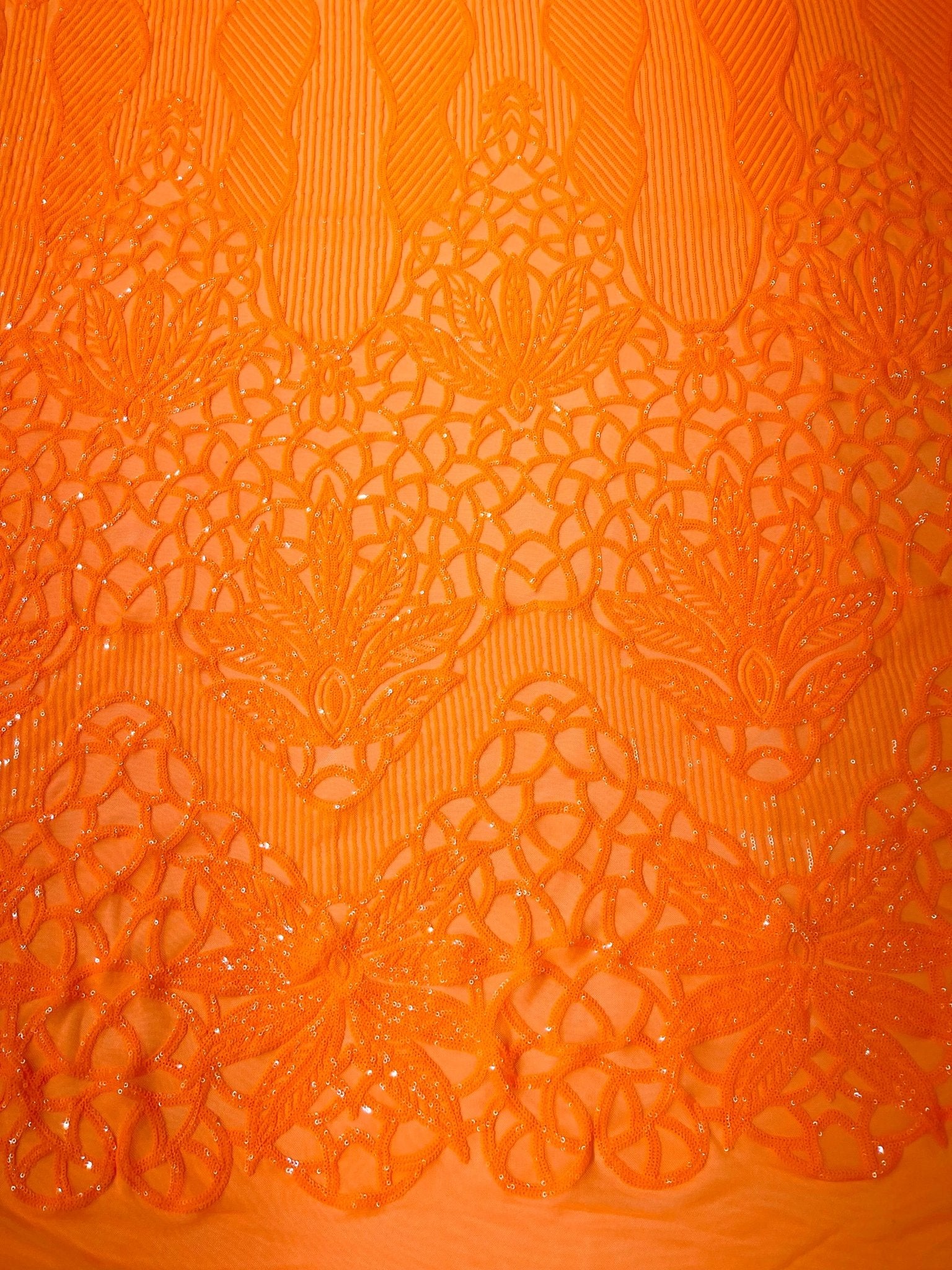 Feather Damask Shiny Sequin Design on a 4 Way Stretch mesh Fabric - Prom Night - Sold by The Yard. - New Creations Fabric & Foam Inc