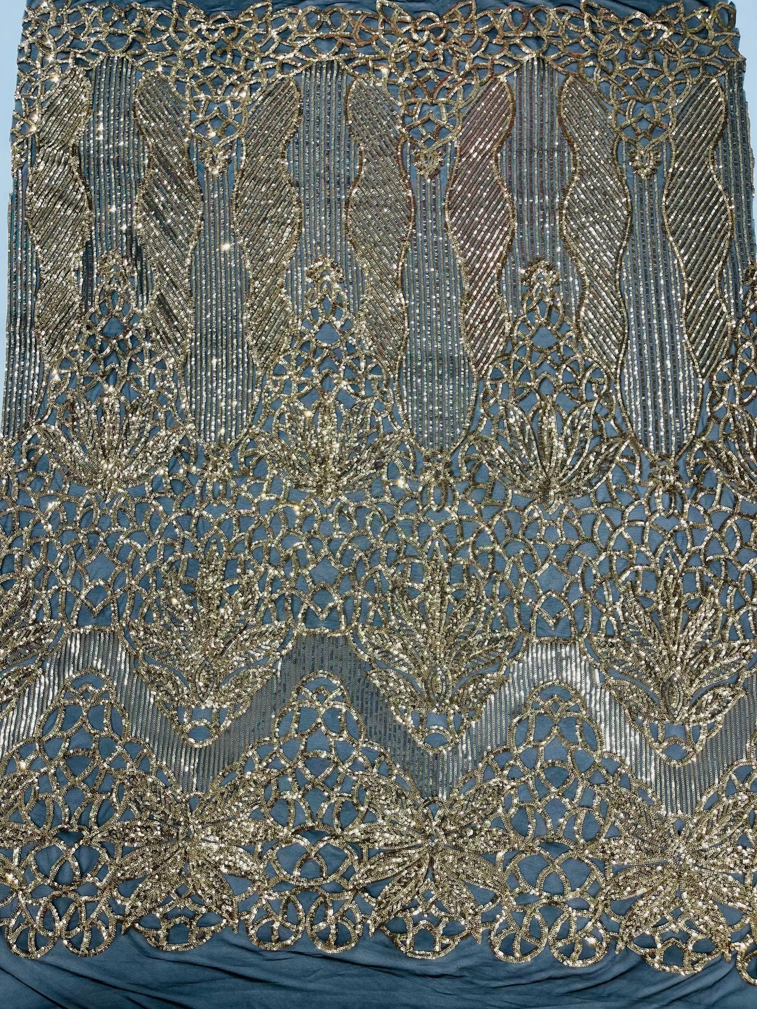 Feather Damask Shiny Sequin Design on a 4 Way Stretch mesh Fabric - Prom Night - Sold by The Yard. - New Creations Fabric & Foam Inc