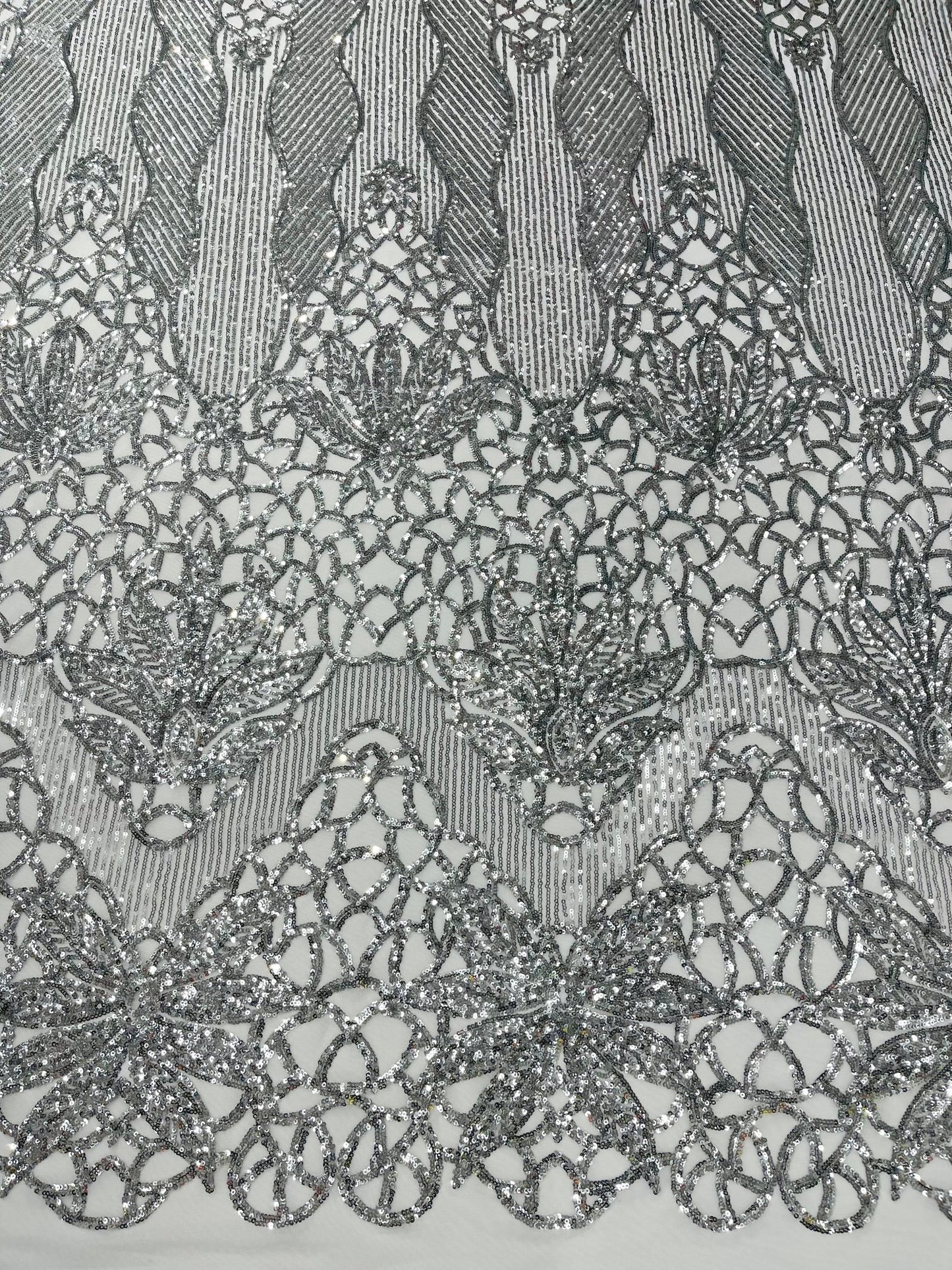 Feather Damask Shiny Sequin Design on a 4 Way Stretch mesh Fabric - Prom Night - Sold by The Yard. - New Creations Fabric & Foam Inc