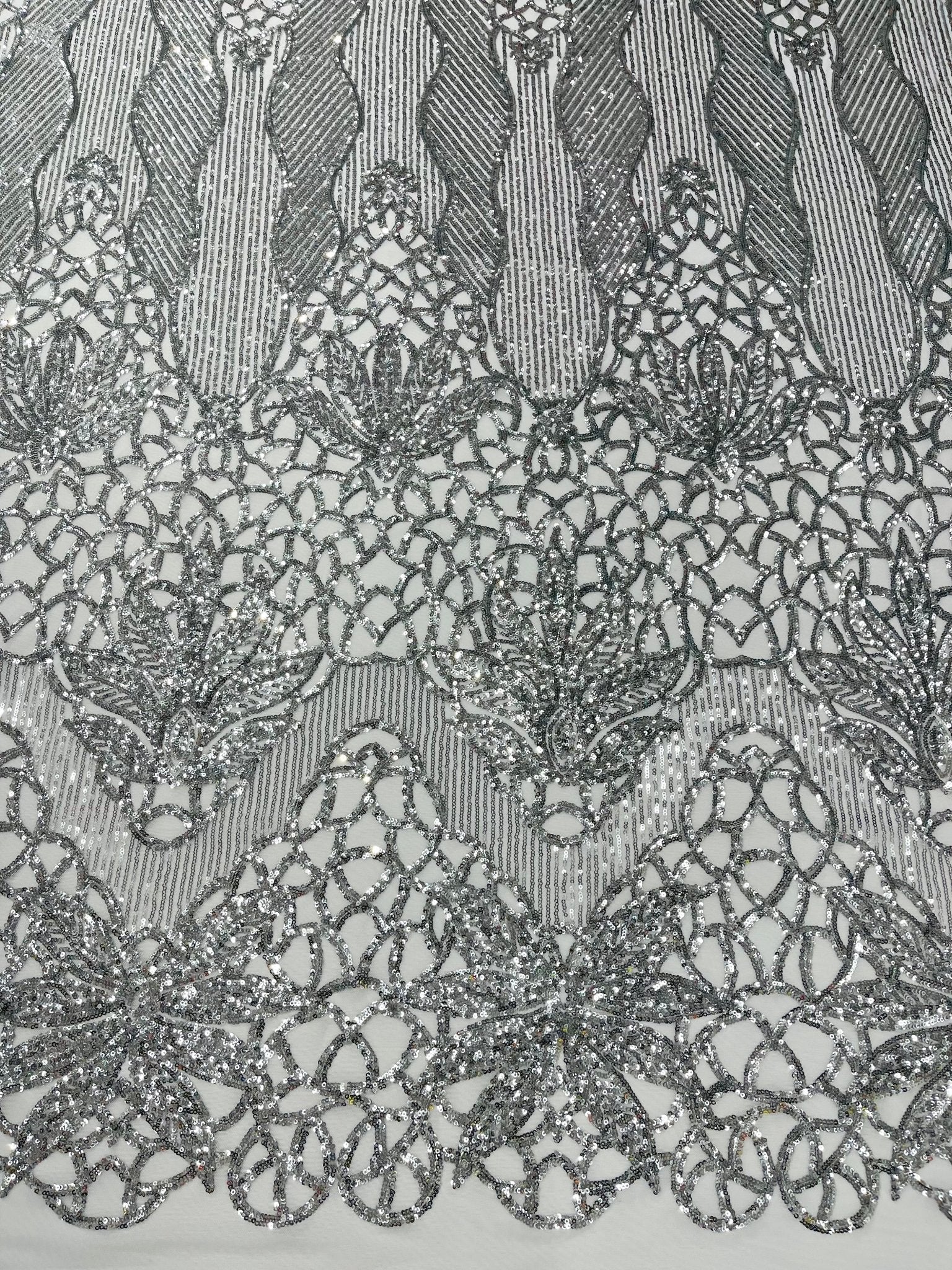 Feather Damask Shiny Sequin Design on a 4 Way Stretch mesh Fabric - Prom Night - Sold by The Yard. - New Creations Fabric & Foam Inc