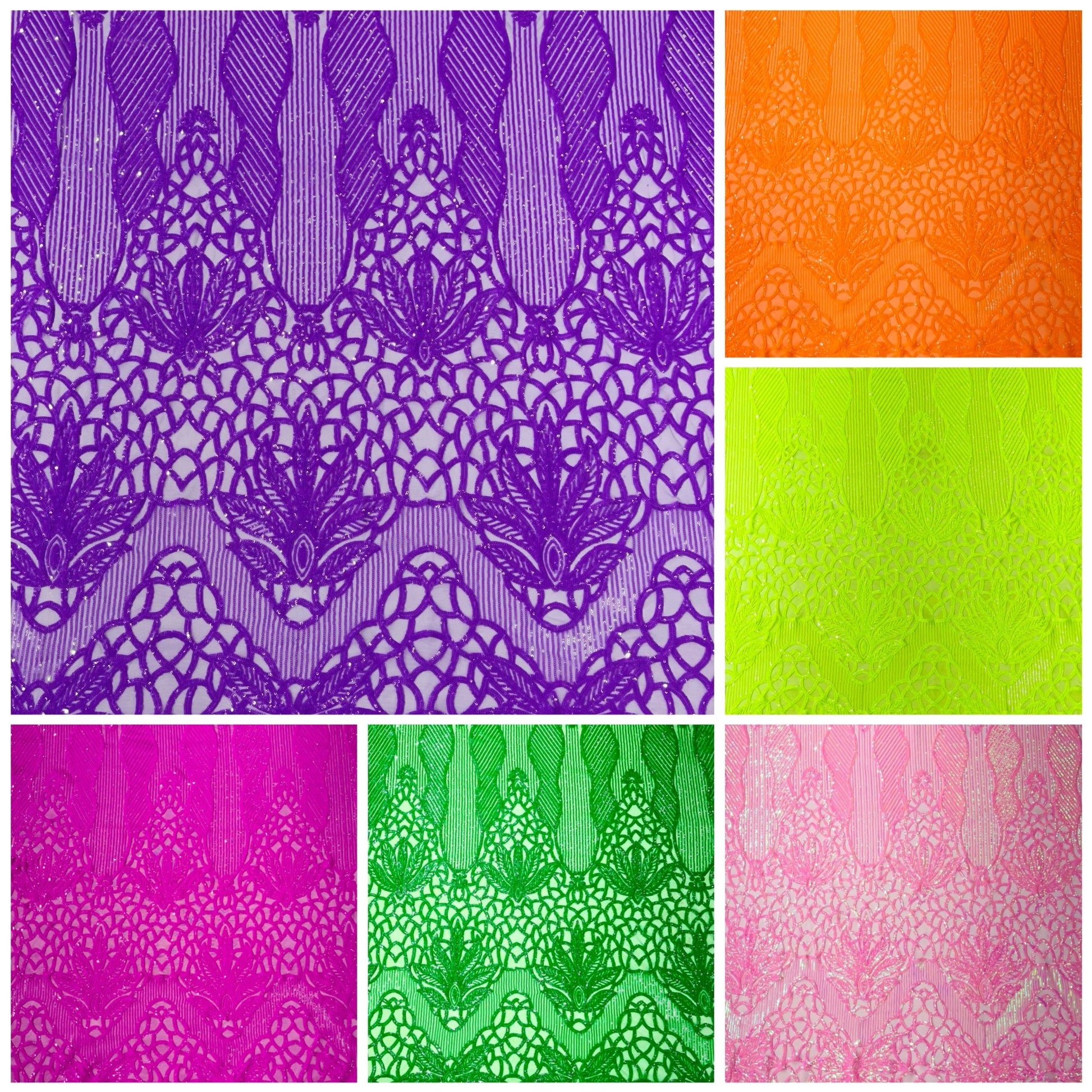 Feather Damask Shiny Sequin Design on a 4 Way Stretch mesh Fabric - Prom Night - Sold by The Yard. - New Creations Fabric & Foam Inc