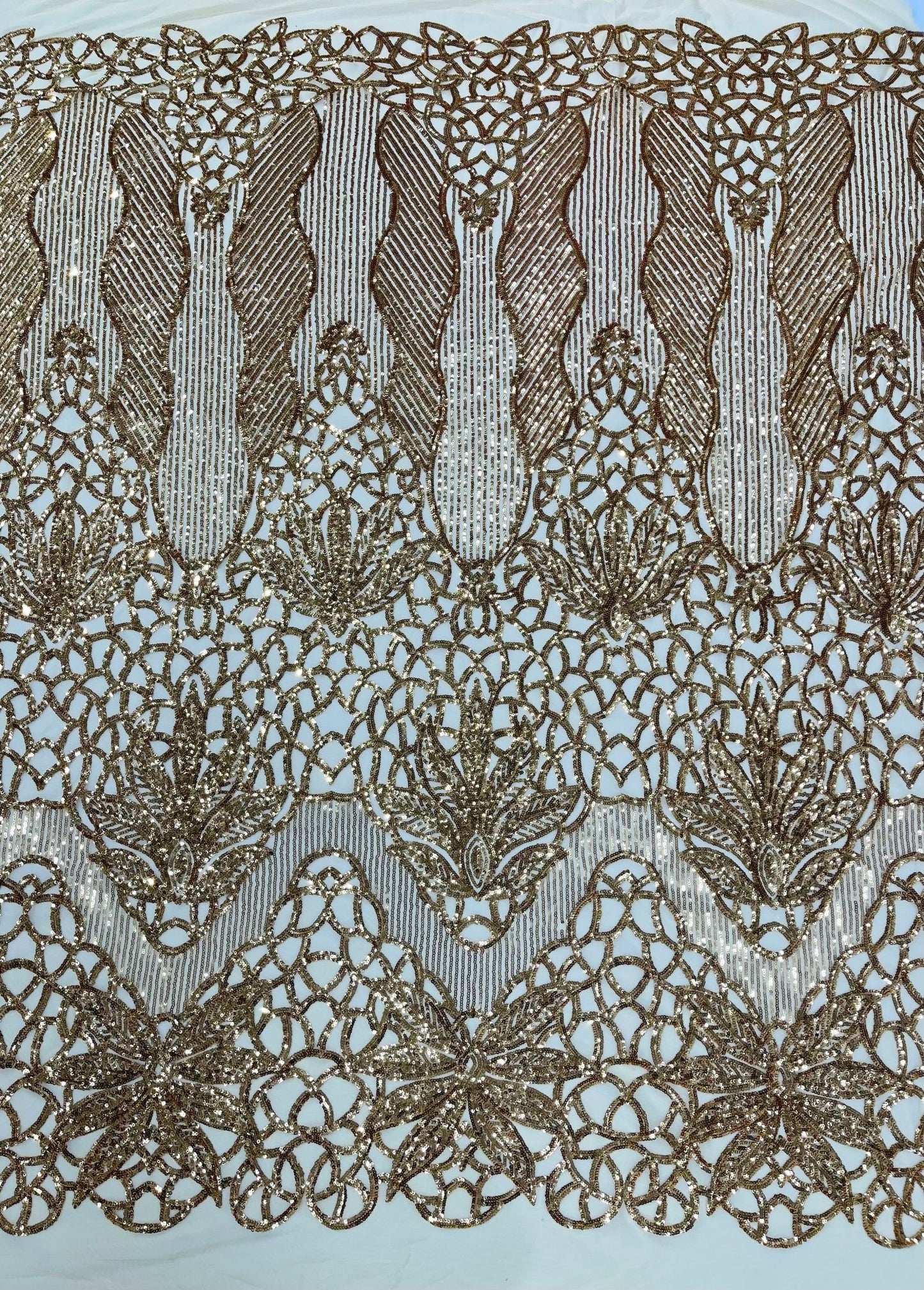 Feather Damask Shiny Sequin Design on a 4 Way Stretch mesh Fabric - Prom Night - Sold by The Yard. - New Creations Fabric & Foam Inc