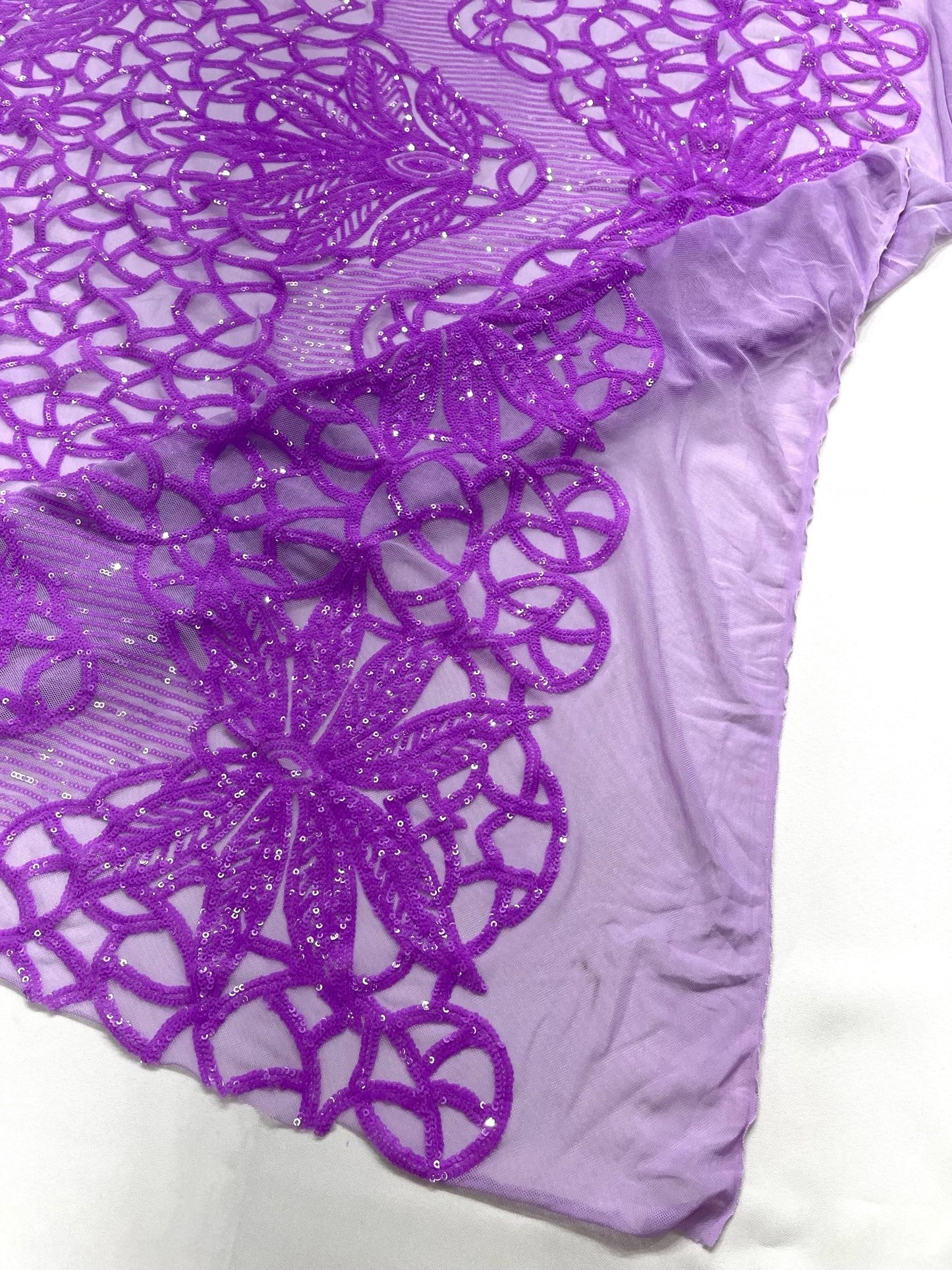 Feather Damask Shiny Sequin Design on a 4 Way Stretch mesh Fabric - Prom Night - Sold by The Yard. - New Creations Fabric & Foam Inc