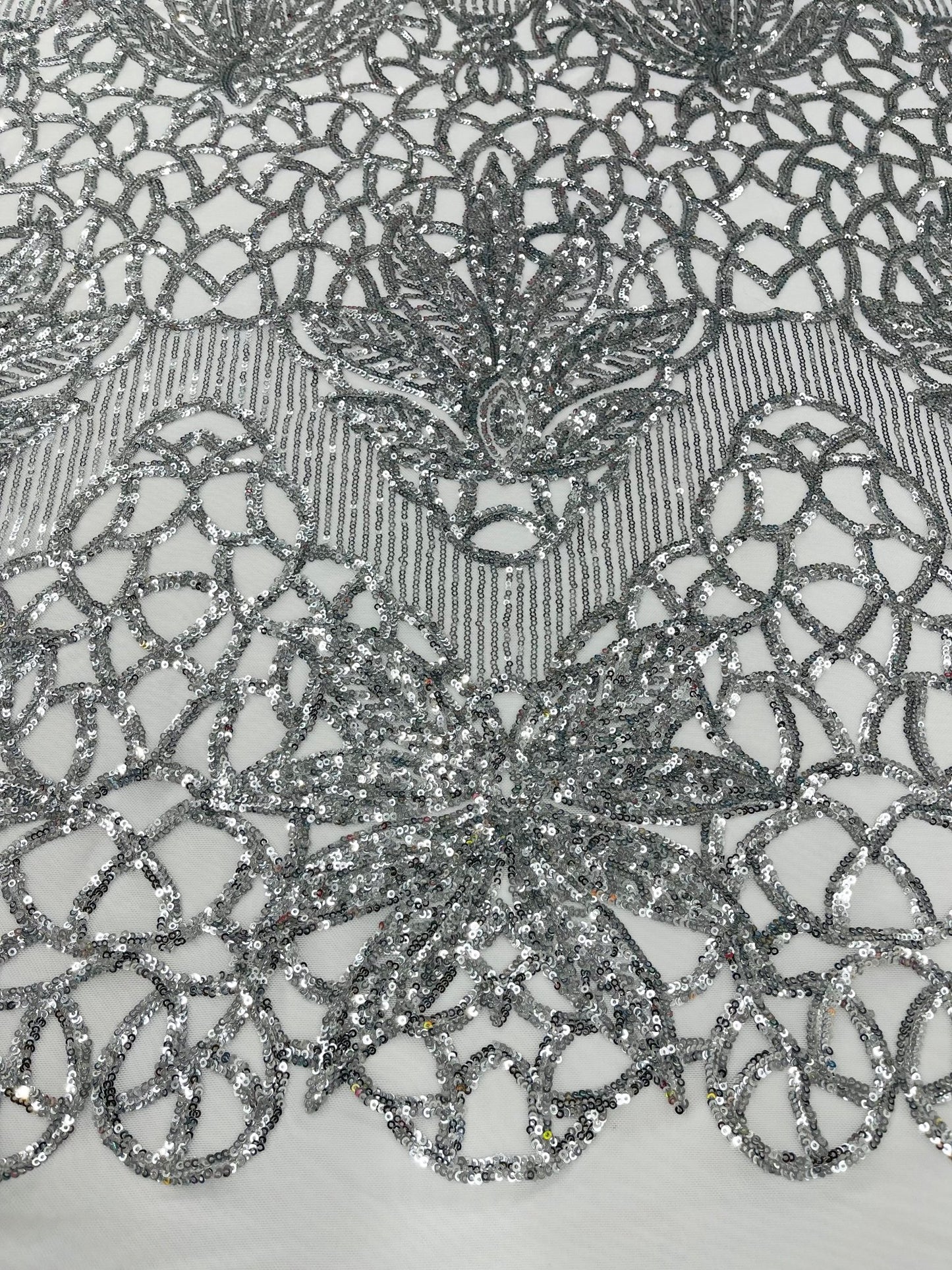 Feather Damask Shiny Sequin Design on a 4 Way Stretch mesh Fabric - Prom Night - Sold by The Yard. - New Creations Fabric & Foam Inc