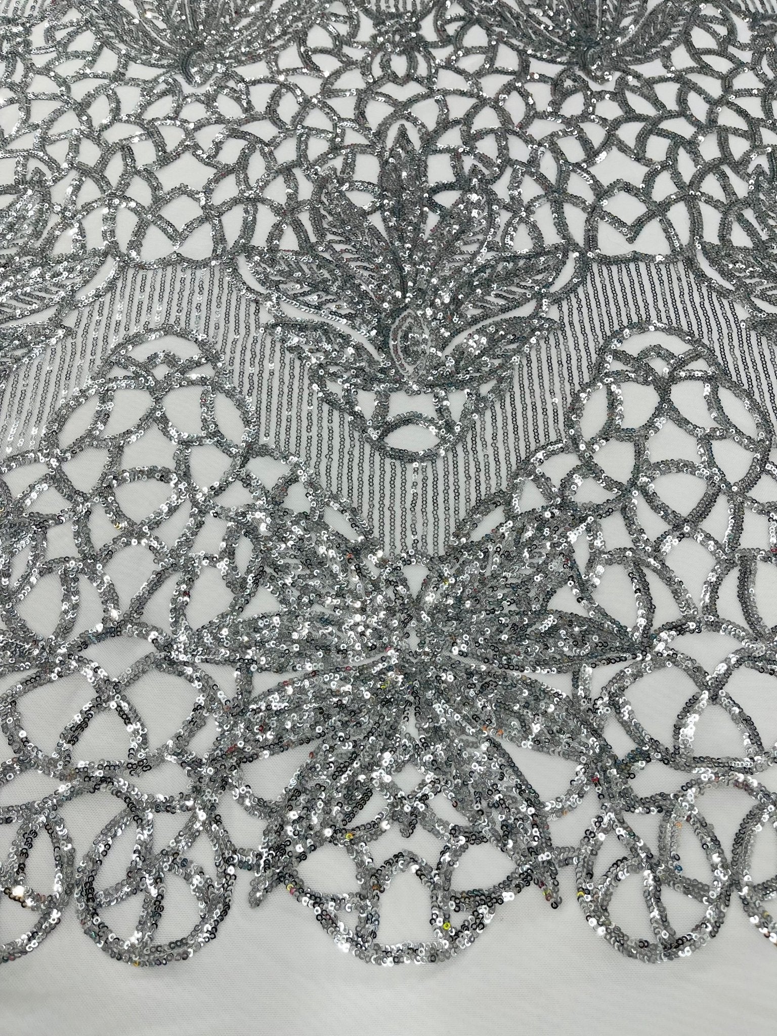 Feather Damask Shiny Sequin Design on a 4 Way Stretch mesh Fabric - Prom Night - Sold by The Yard. - New Creations Fabric & Foam Inc