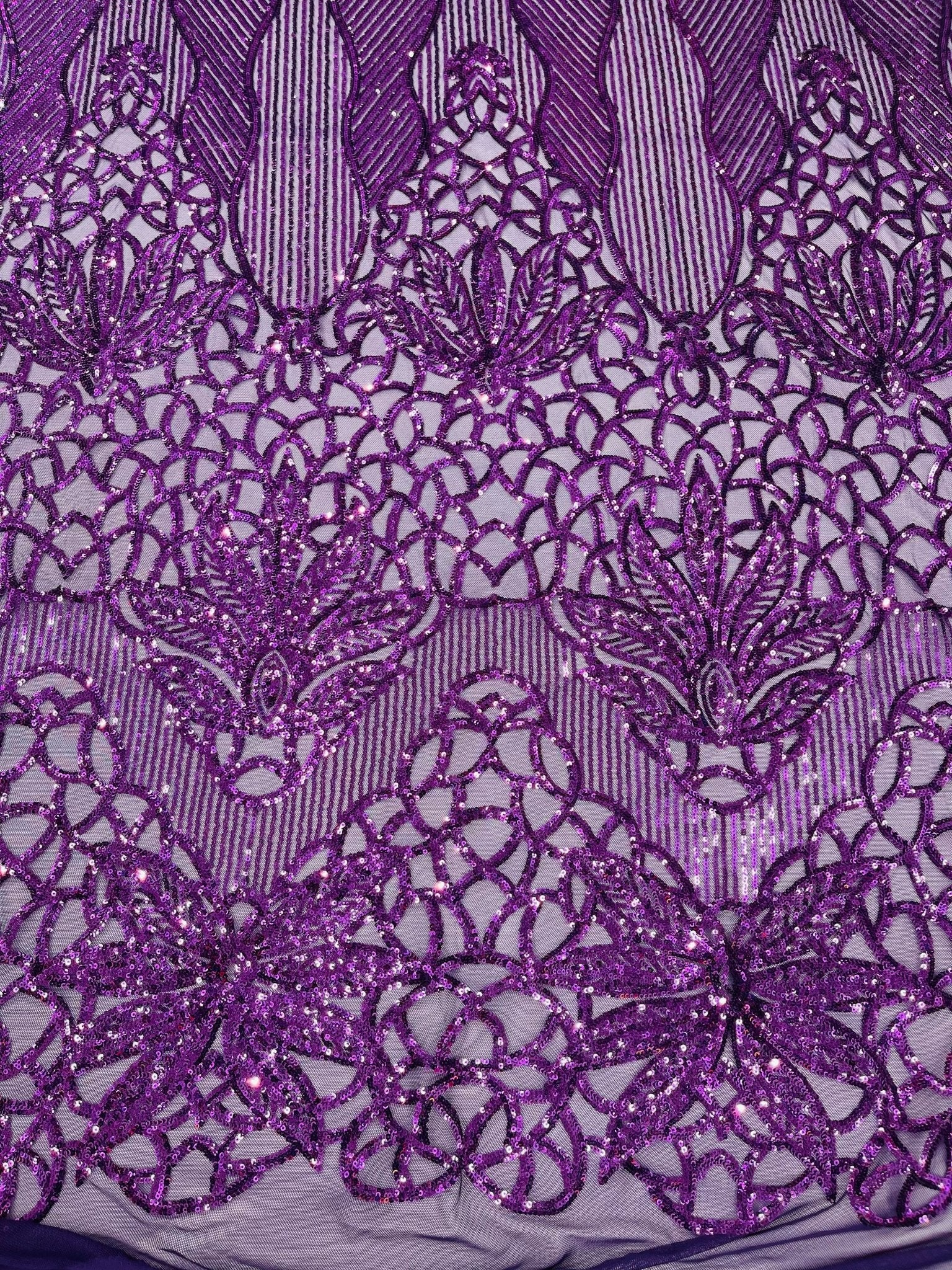 Feather Damask Shiny Sequin Design on a 4 Way Stretch mesh Fabric - Prom Night - Sold by The Yard. - New Creations Fabric & Foam Inc