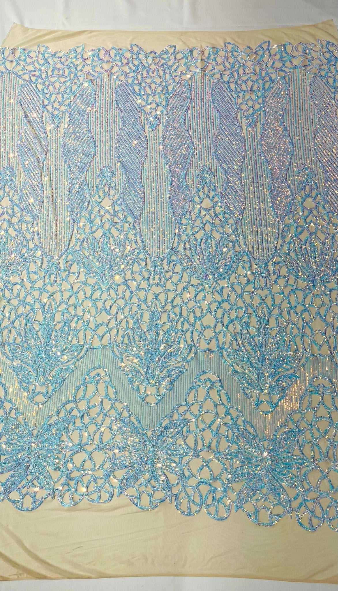 Feather Damask Shiny Sequin Design on a 4 Way Stretch mesh Fabric - Prom Night - Sold by The Yard. - New Creations Fabric & Foam Inc