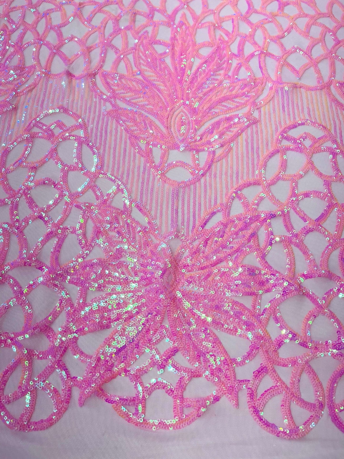 Feather Damask Shiny Sequin Design on a 4 Way Stretch mesh Fabric - Prom Night - Sold by The Yard. - New Creations Fabric & Foam Inc