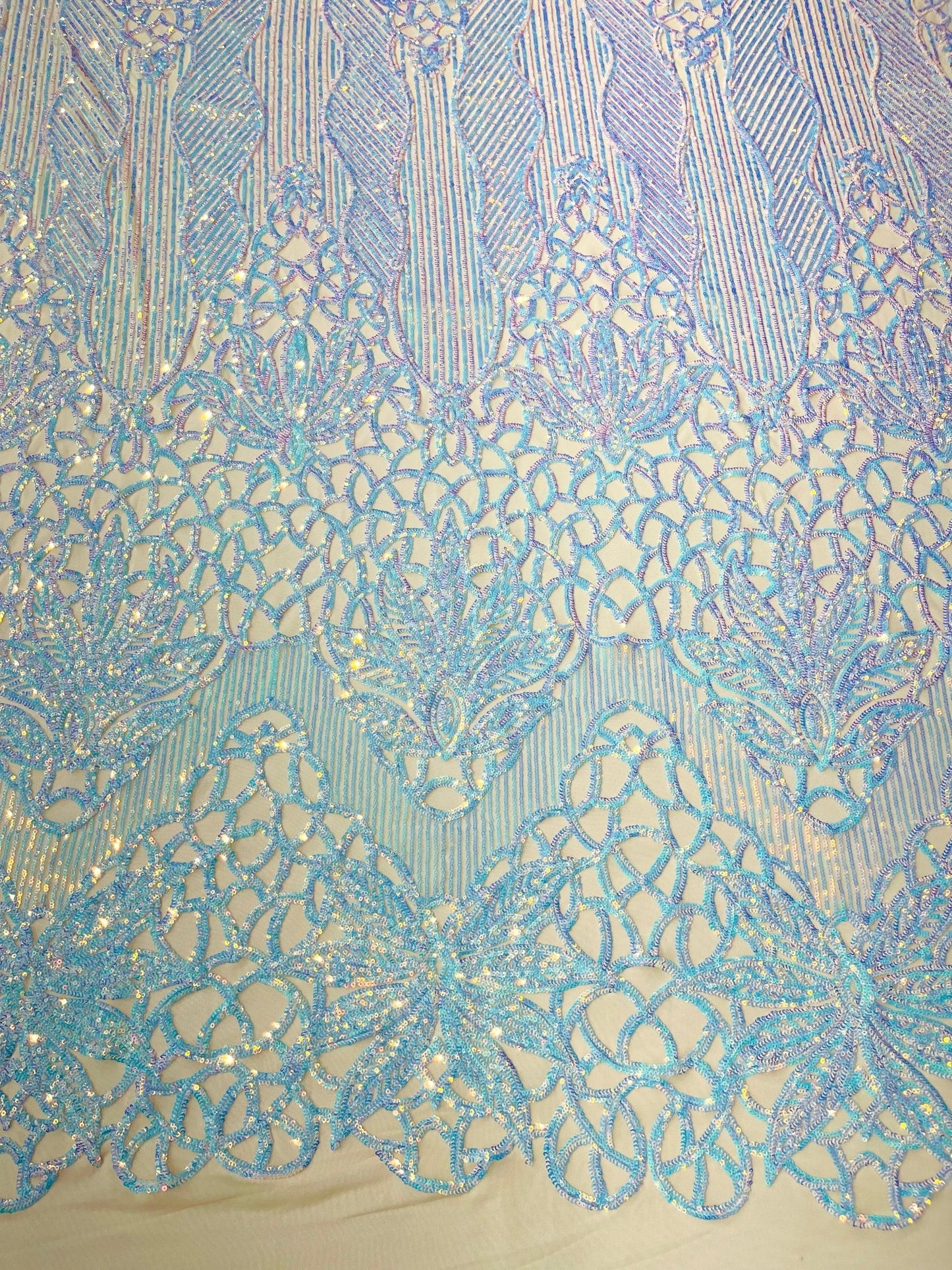 Feather Damask Shiny Sequin Design on a 4 Way Stretch mesh Fabric - Prom Night - Sold by The Yard. - New Creations Fabric & Foam Inc